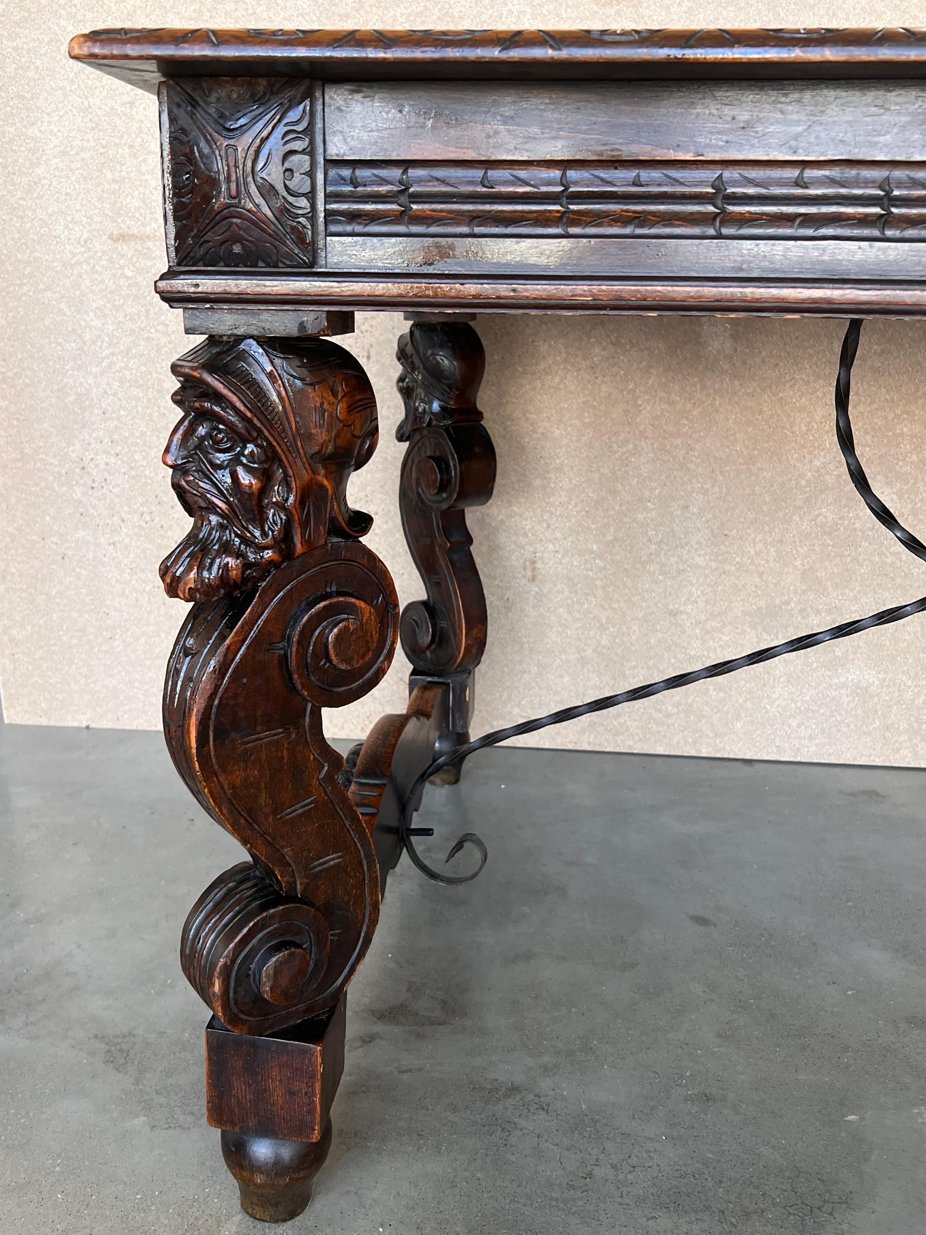 19th Spanish Carved Gargoyles Walnut Renaissance Library / Writing or Desk Table For Sale 3