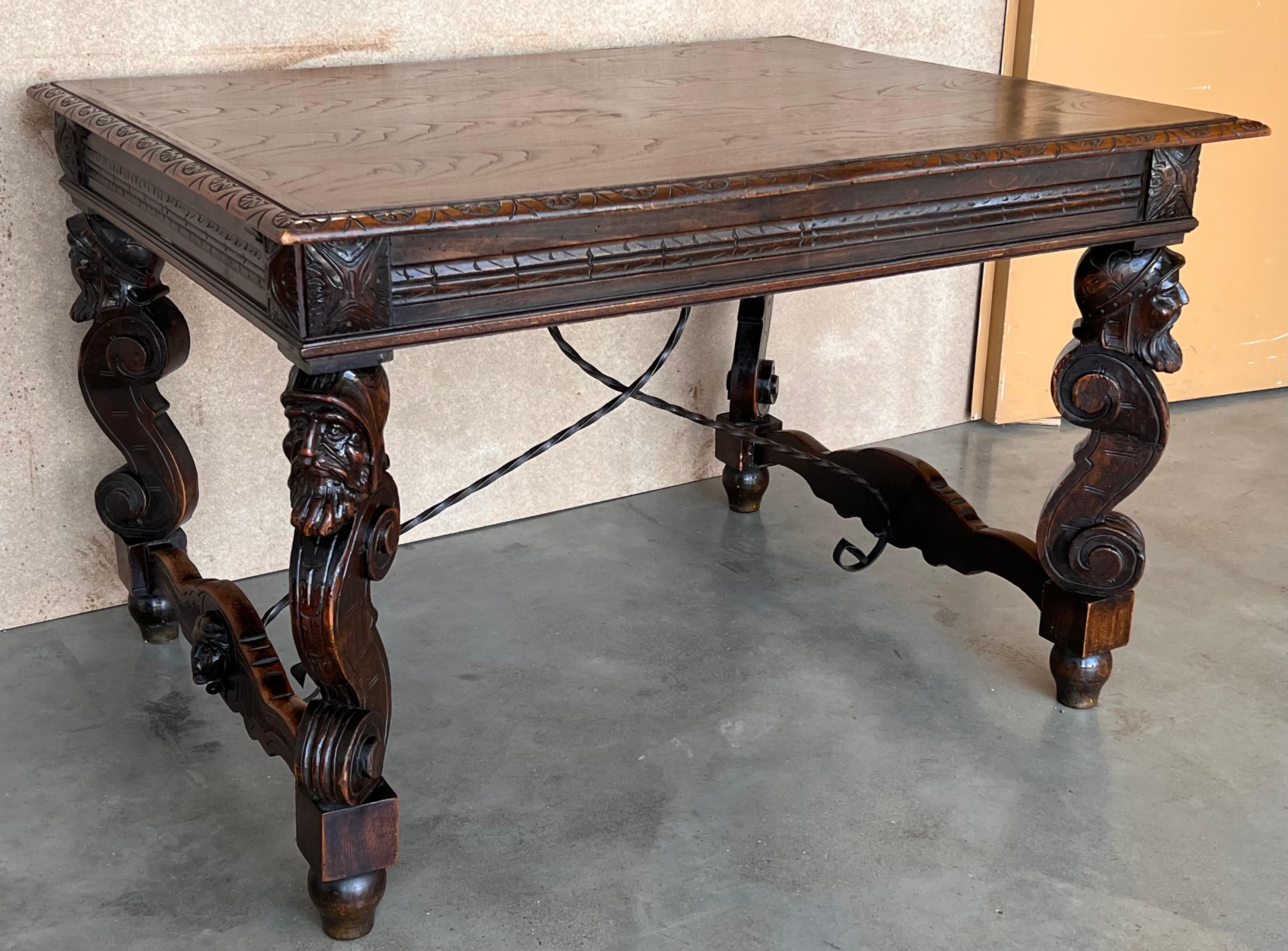 Gothic Revival 19th Spanish Carved Gargoyles Walnut Renaissance Library / Writing or Desk Table For Sale