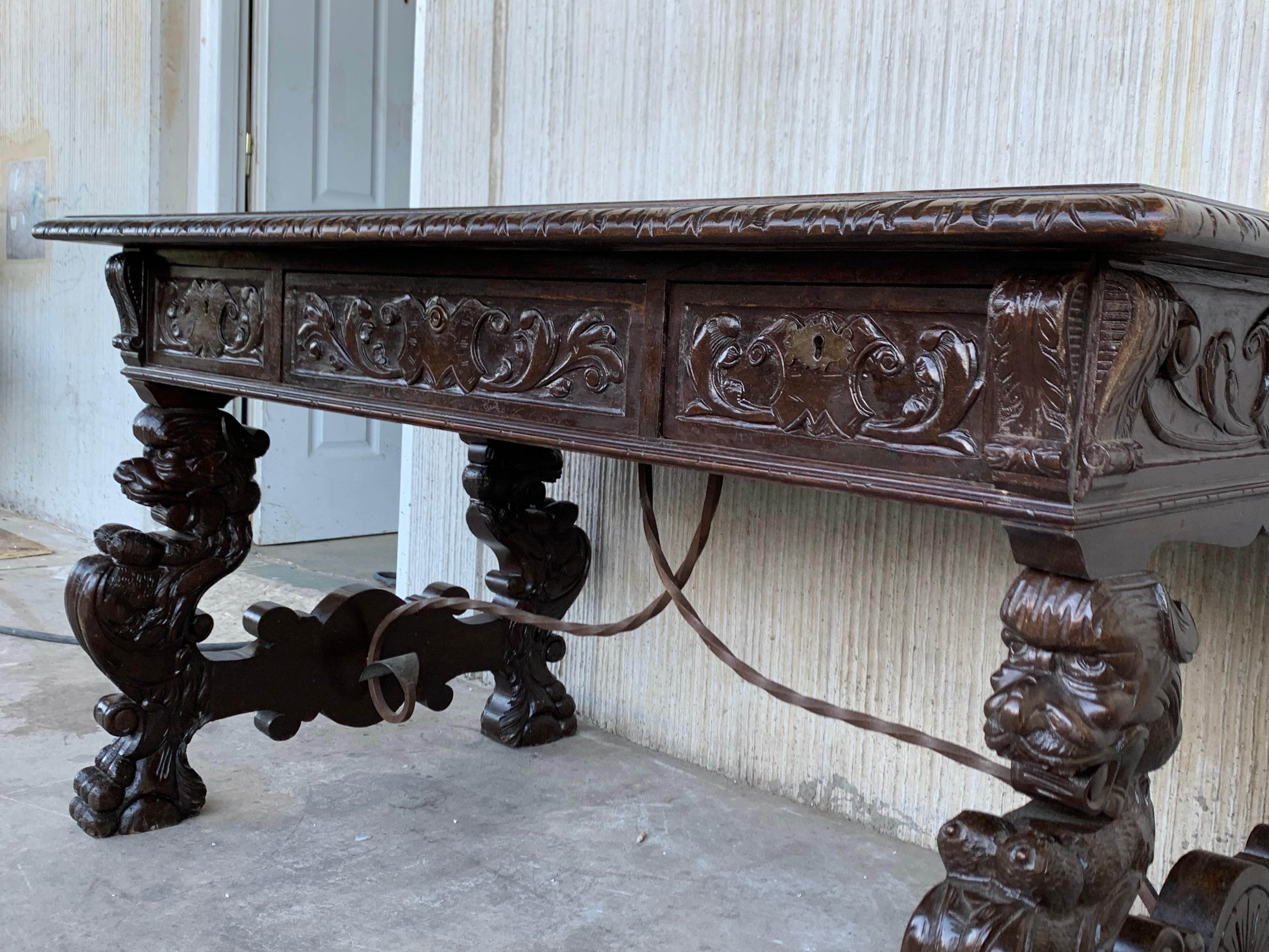 Gothic Revival 19th Spanish Carved Gargoyles Walnut Renaissance Library / Writing or Desk Table