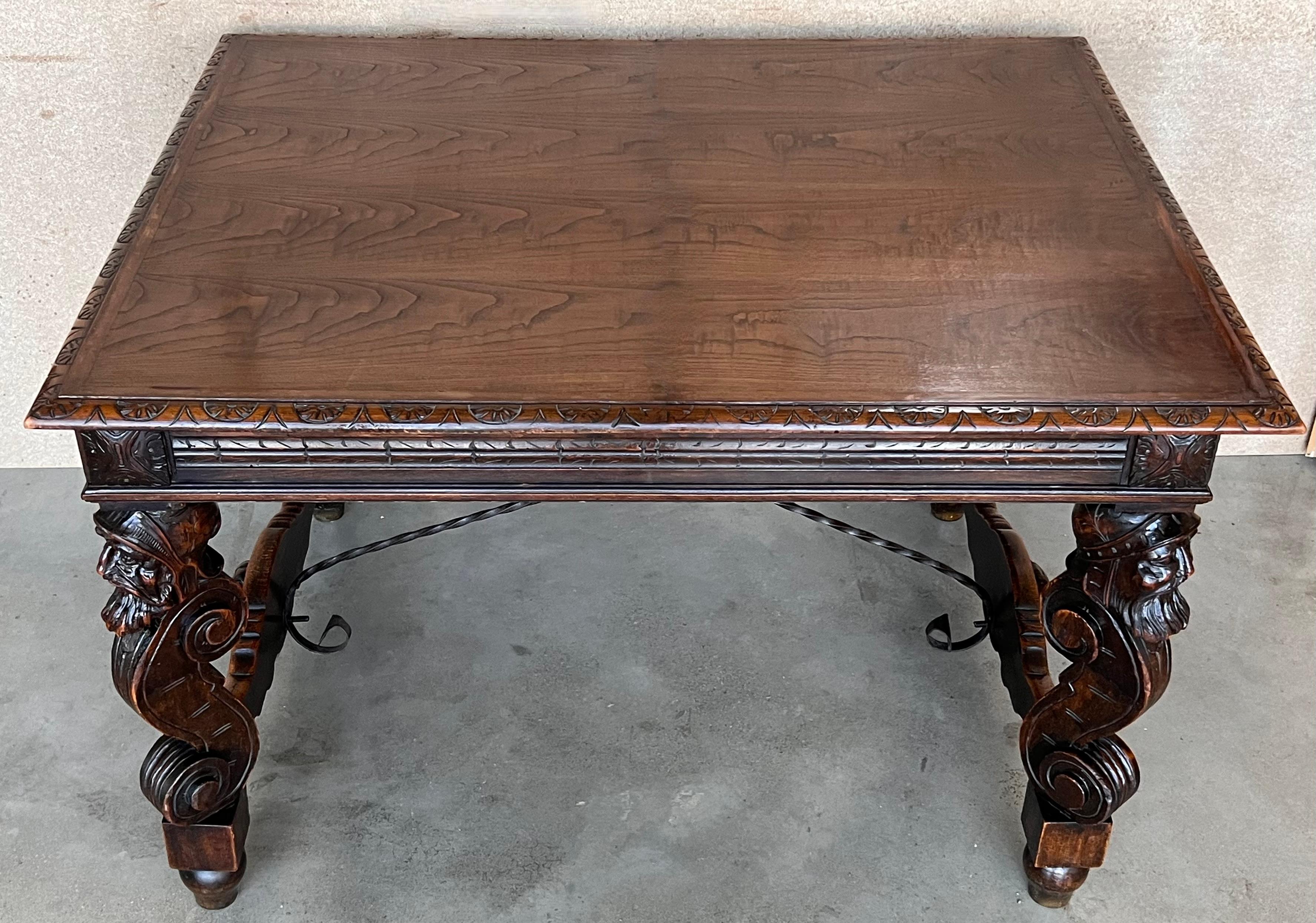 19th Spanish Carved Gargoyles Walnut Renaissance Library / Writing or Desk Table In Good Condition For Sale In Miami, FL