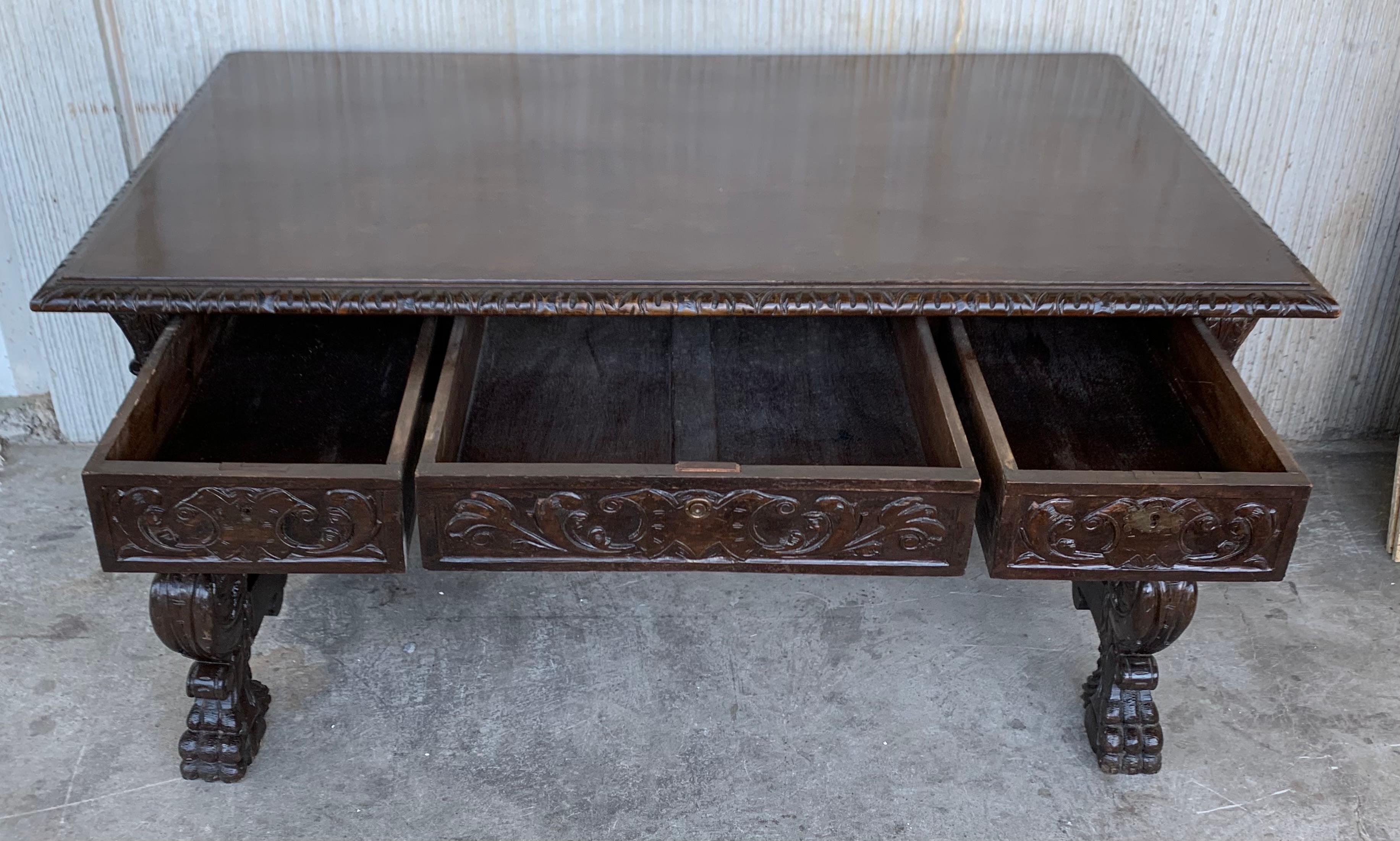 19th Spanish Carved Gargoyles Walnut Renaissance Library / Writing or Desk Table In Good Condition In Miami, FL