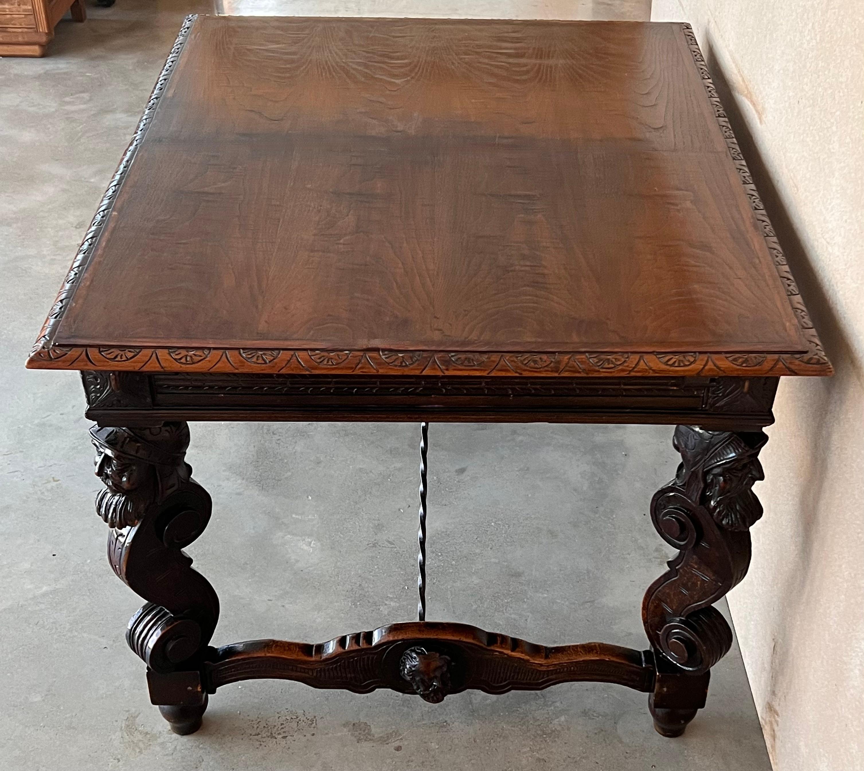 19th Century 19th Spanish Carved Gargoyles Walnut Renaissance Library / Writing or Desk Table For Sale