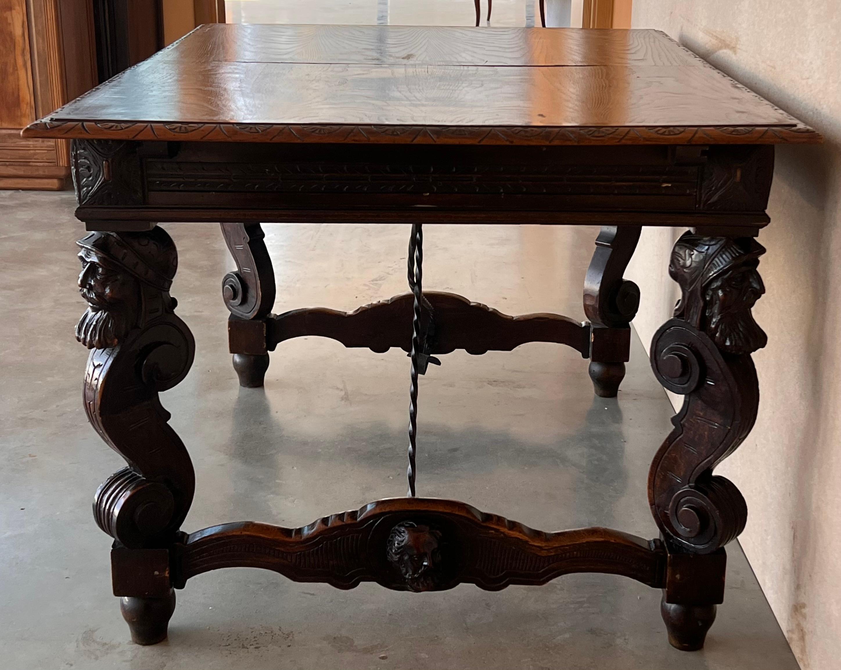 19th Century 19th Spanish Carved Gargoyles Walnut Renaissance Library / Writing or Desk Table For Sale