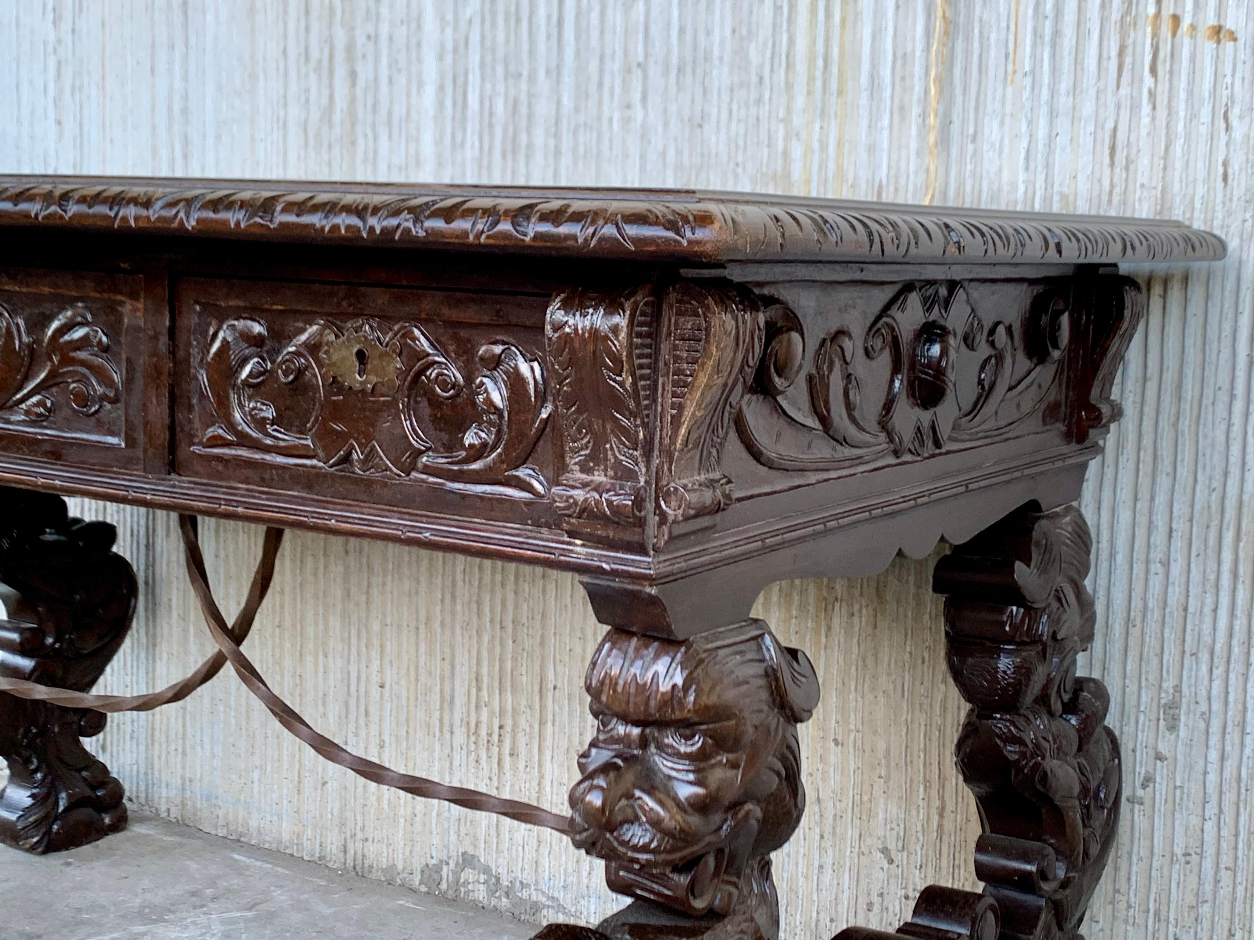 19th Spanish Carved Gargoyles Walnut Renaissance Library / Writing or Desk Table 1