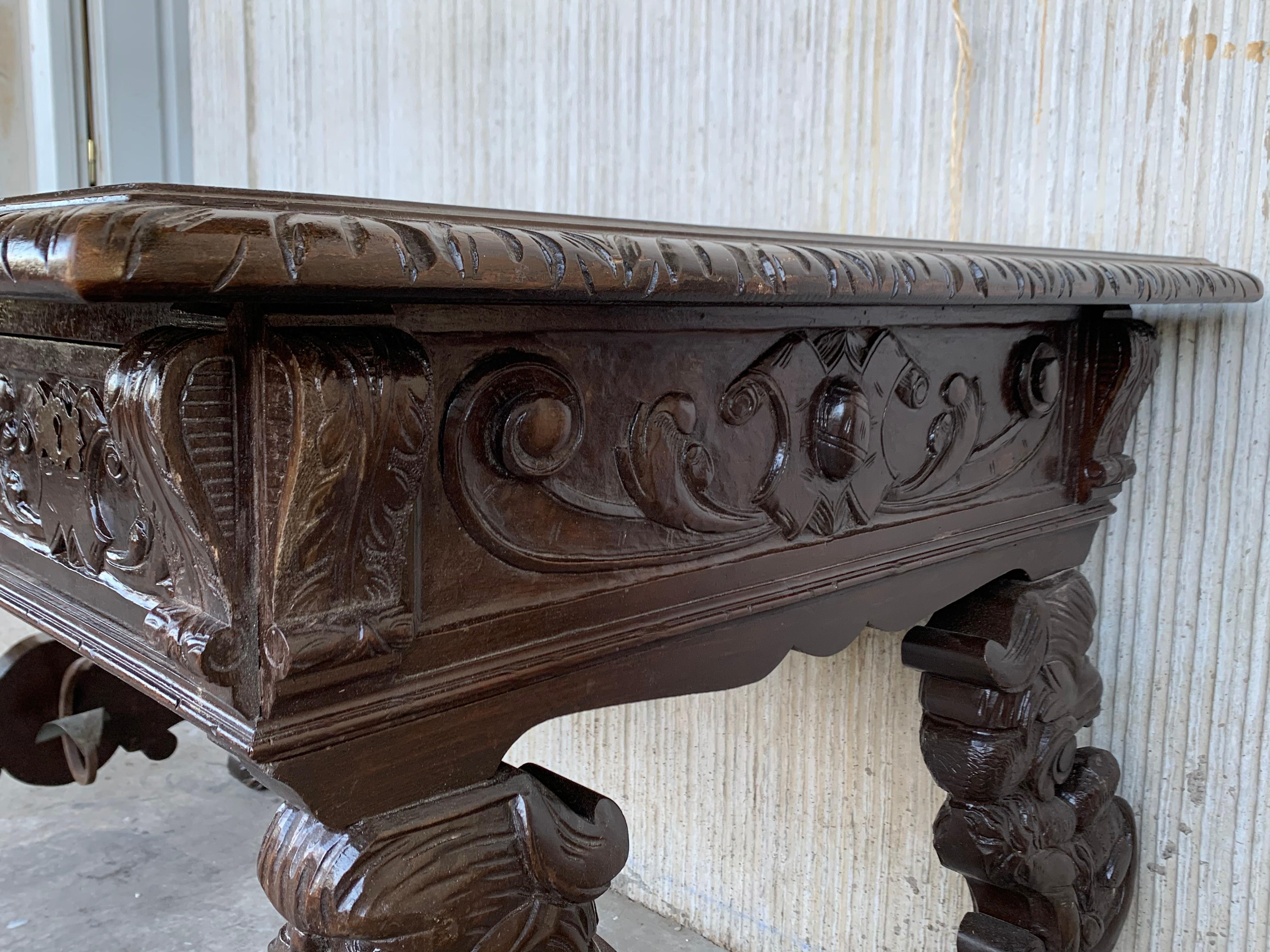19th Spanish Carved Gargoyles Walnut Renaissance Library / Writing or Desk Table 2