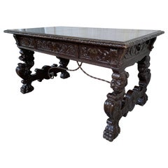 19th Spanish Carved Gargoyles Walnut Renaissance Library / Writing or Desk Table