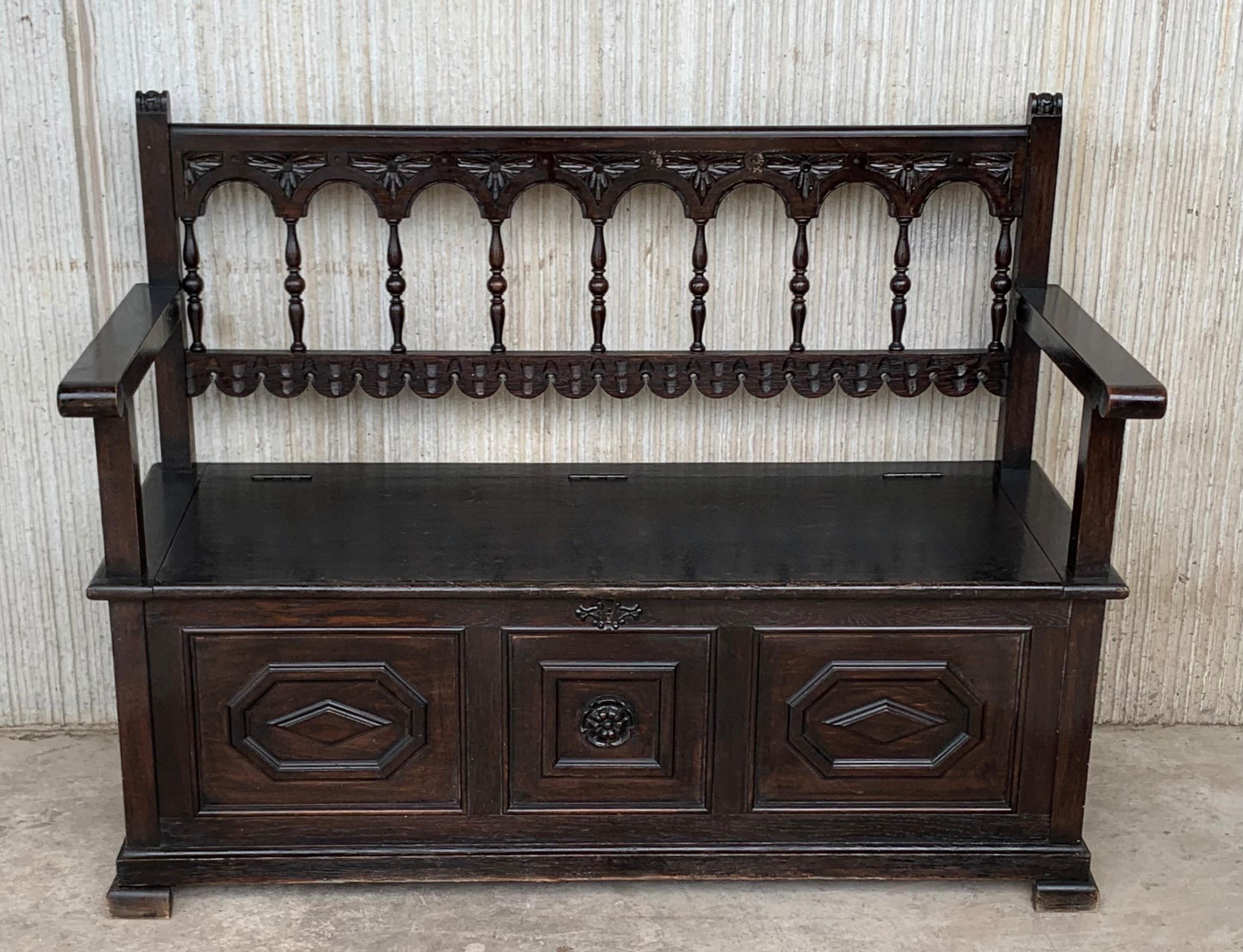 Baroque 19th Spanish Carved Hall Bench with Storage
