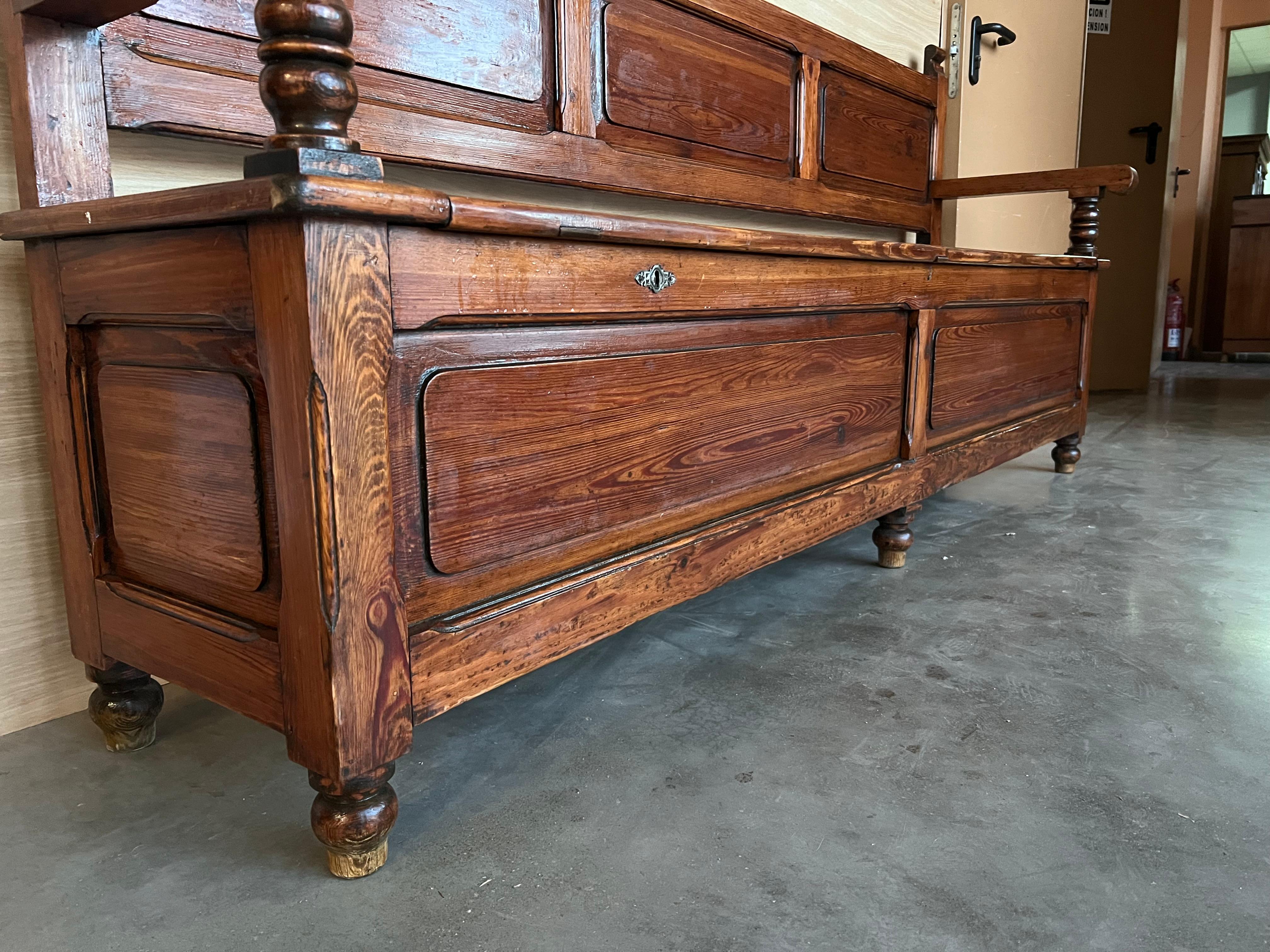 19th Spanish Carved Large Hall Bench with Storage 8