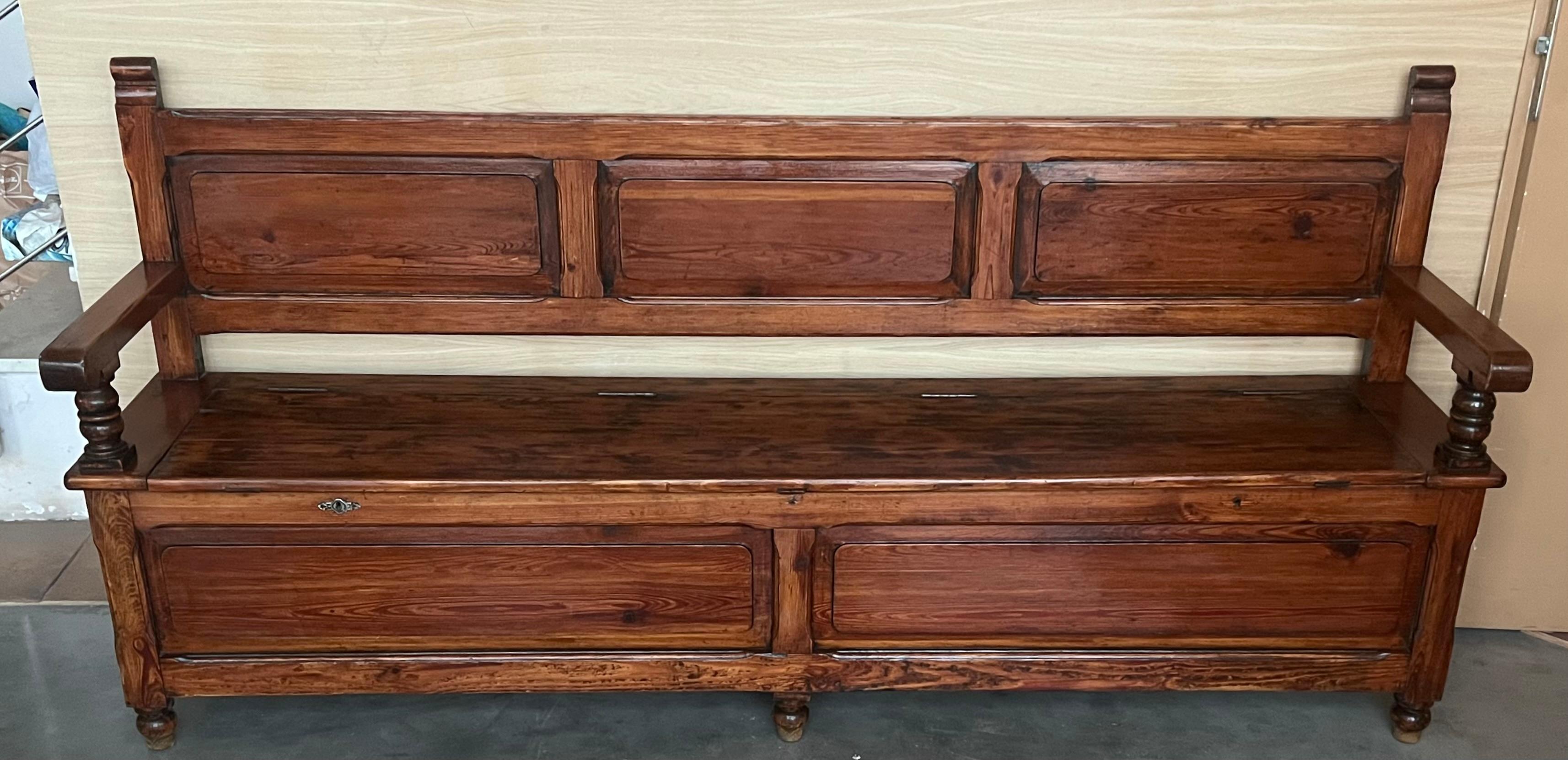 Baroque 19th Spanish Carved Large Hall Bench with Storage
