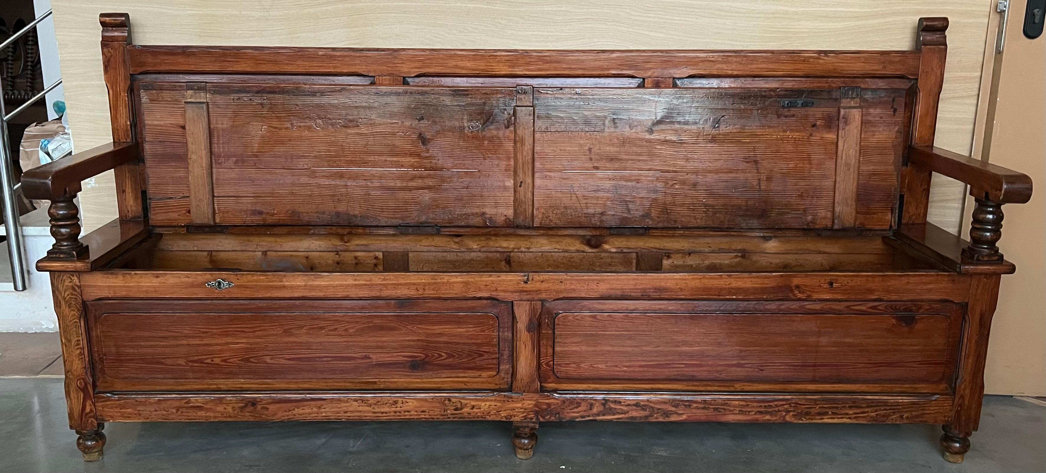 19th Century 19th Spanish Carved Large Hall Bench with Storage