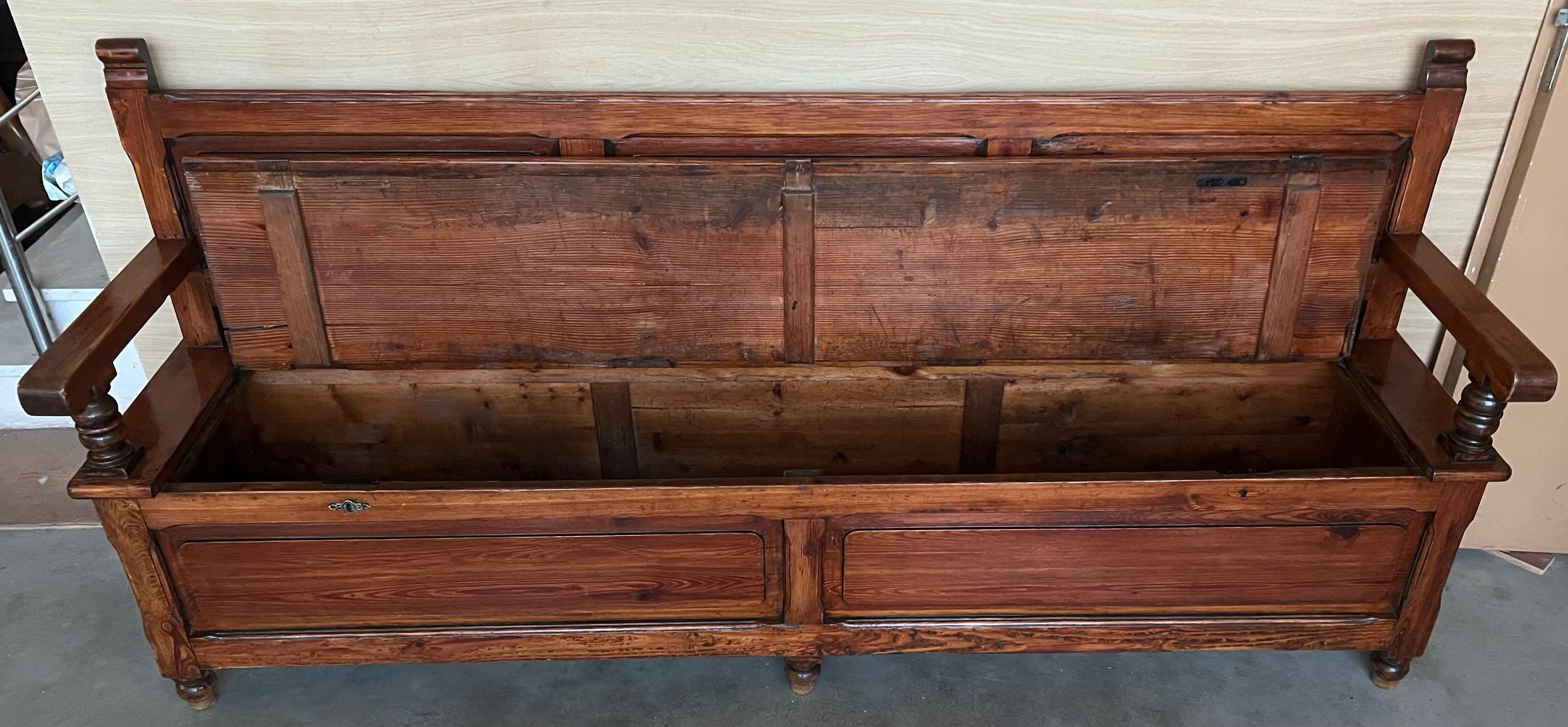 Walnut 19th Spanish Carved Large Hall Bench with Storage