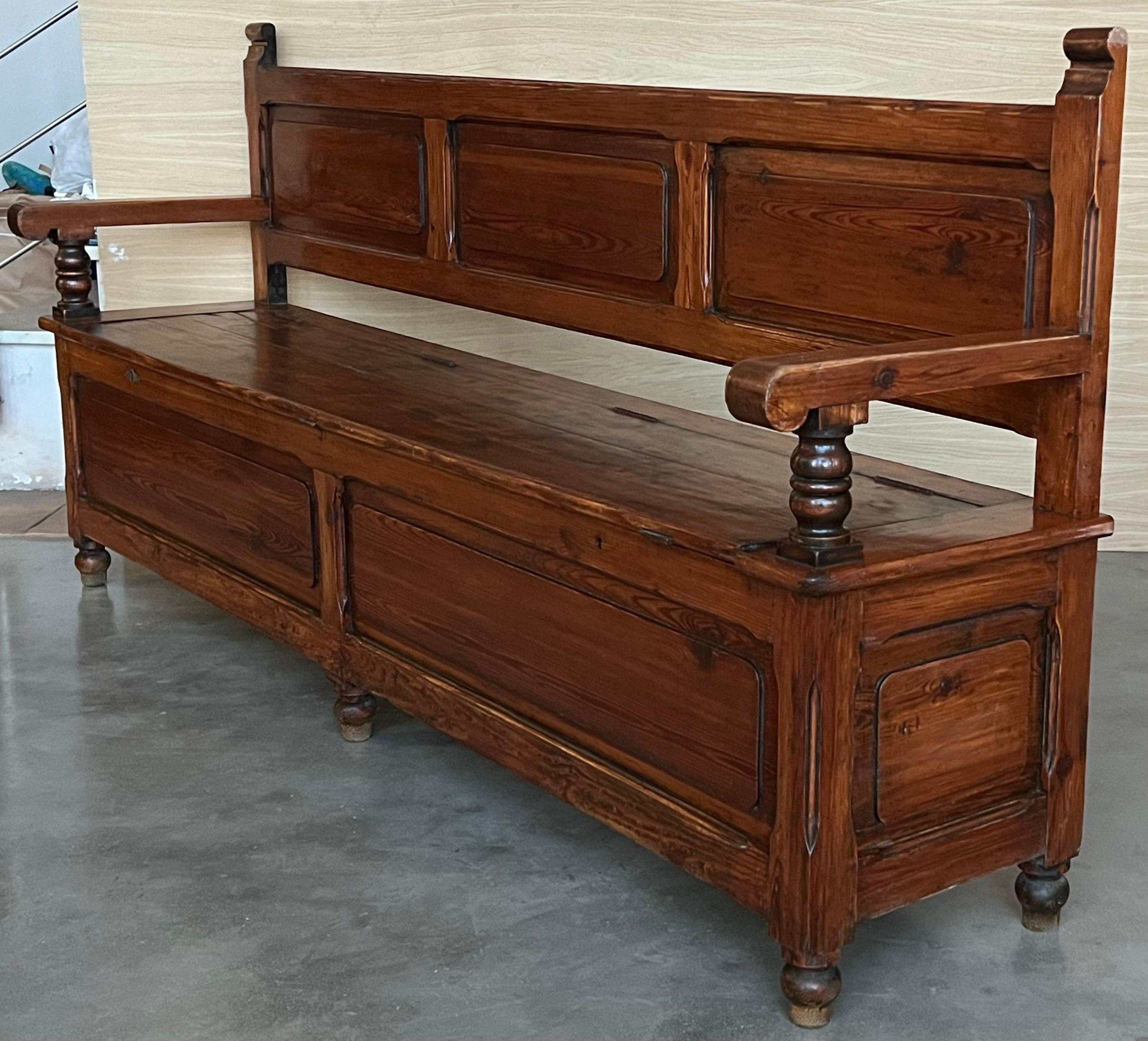 19th Spanish Carved Large Hall Bench with Storage 1