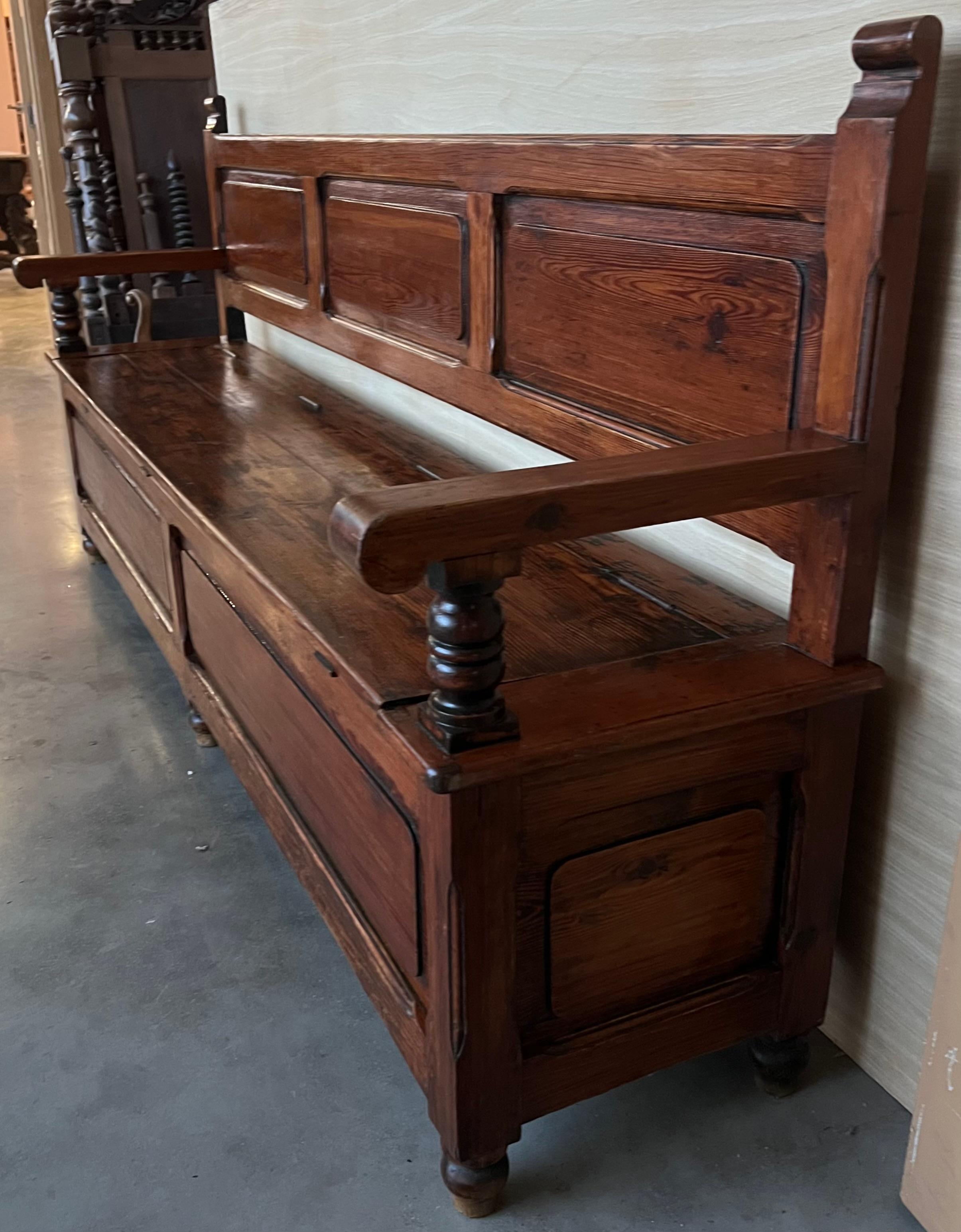 19th Spanish Carved Large Hall Bench with Storage 2