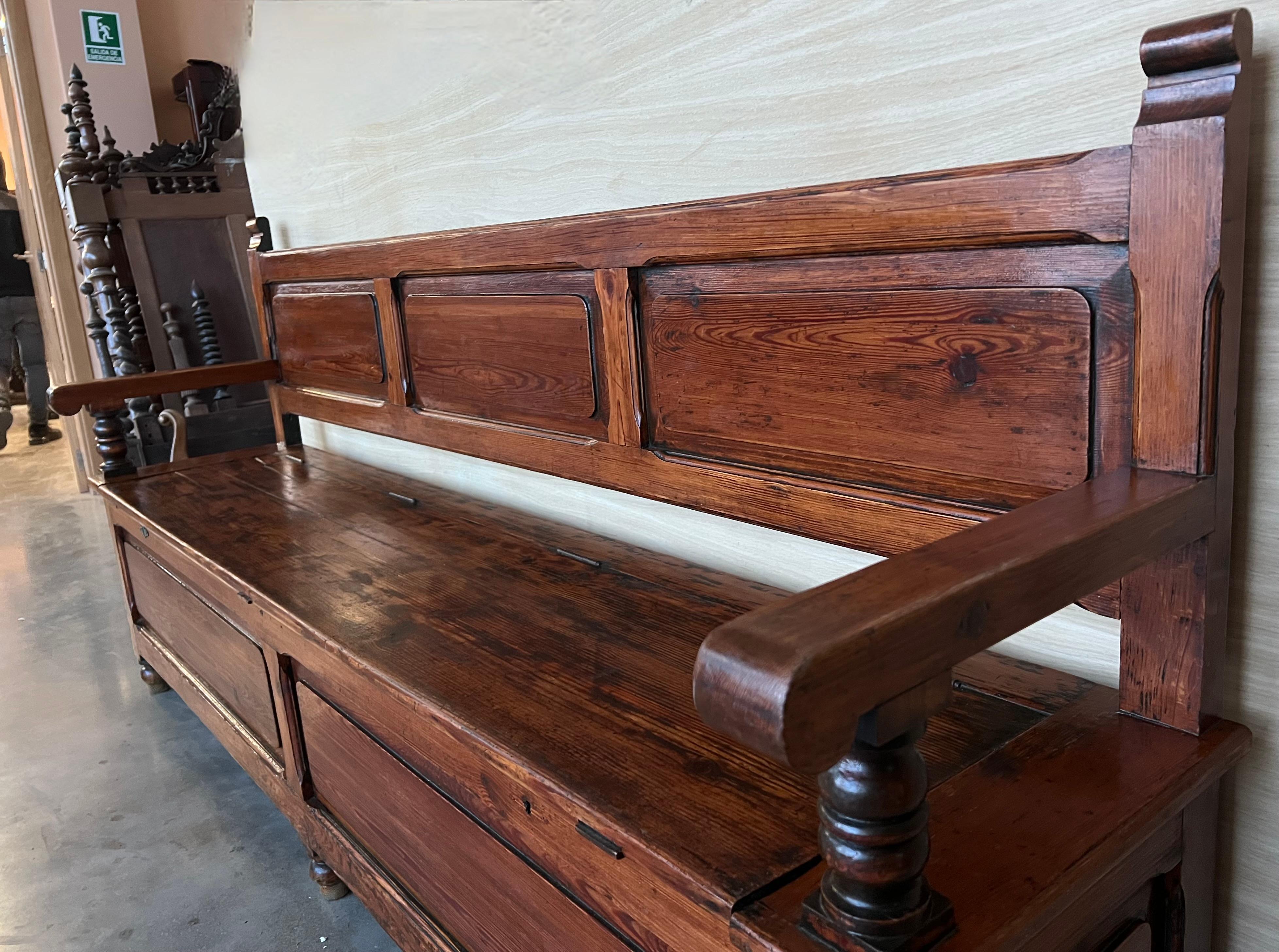 19th Spanish Carved Large Hall Bench with Storage 3