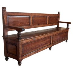 19th Spanish Carved Large Hall Bench with Storage