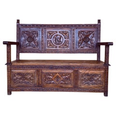 19th Spanish Carved Large Hall Bench with Storage