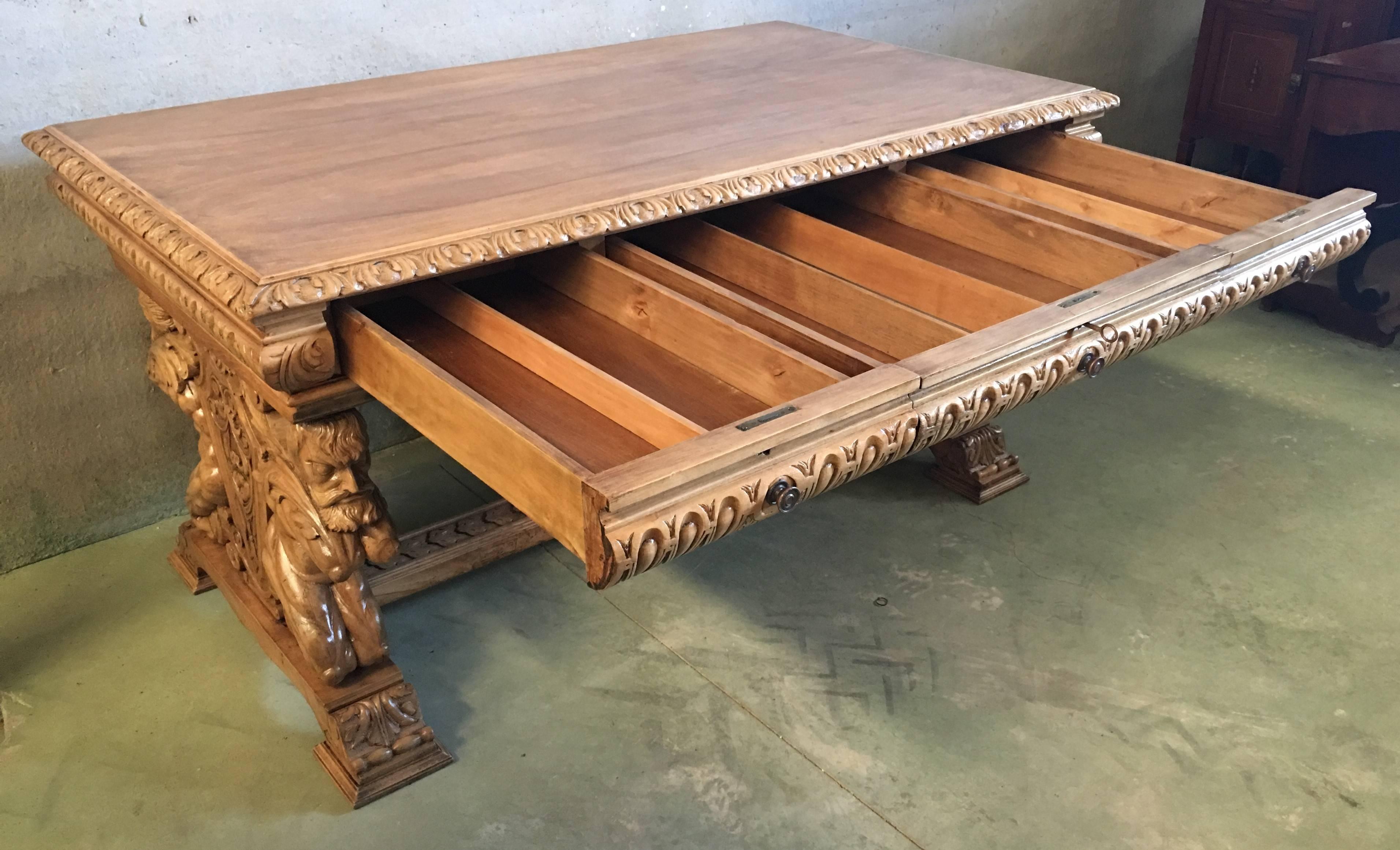 19th Spanish Carved Light and Bleached Walnut Library / Writing or Desk Table 5