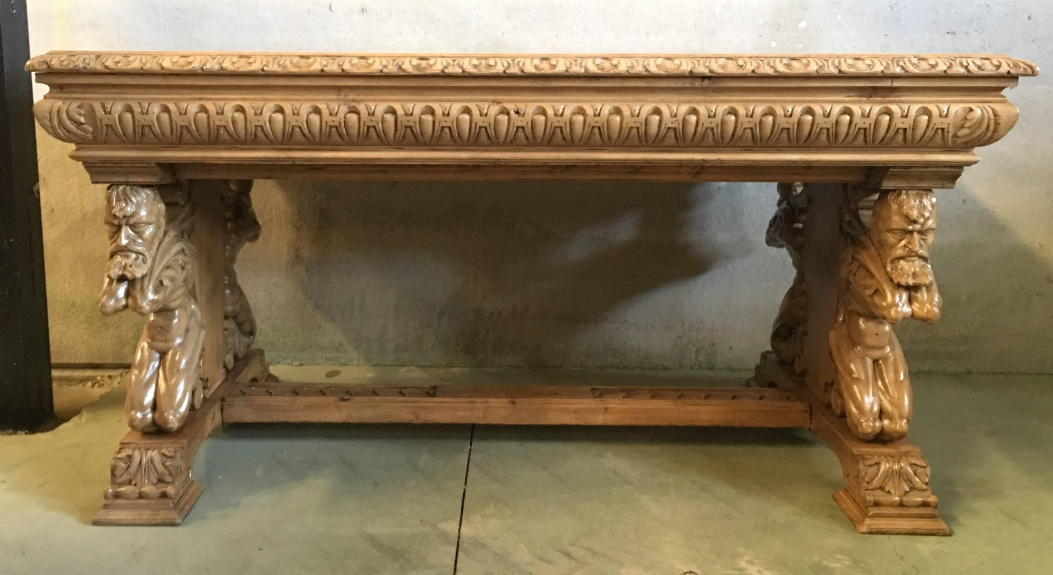 19th Spanish Carved Light and Bleached Walnut Library / Writing or Desk Table In Excellent Condition In Miami, FL