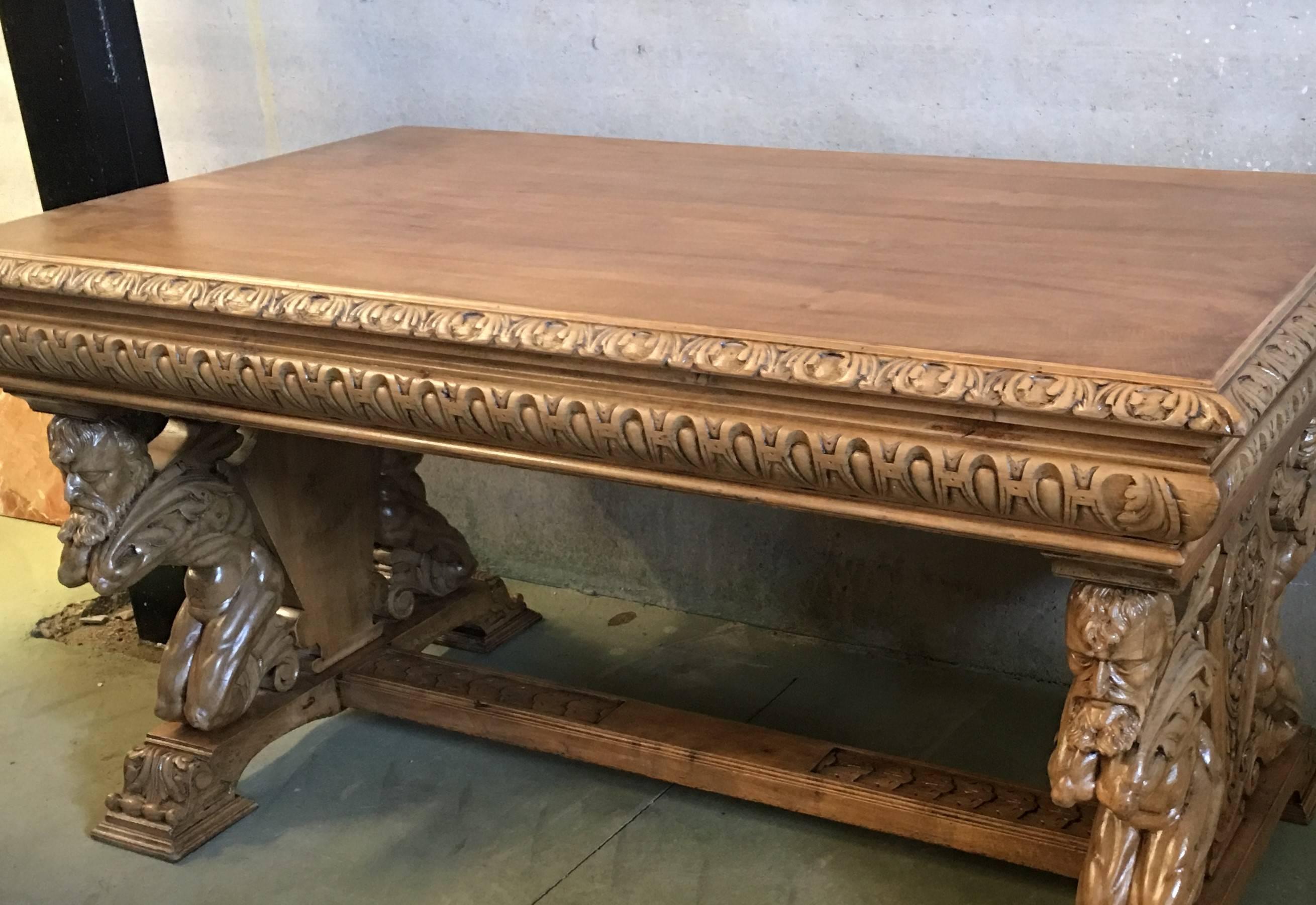 19th Century 19th Spanish Carved Light and Bleached Walnut Library / Writing or Desk Table