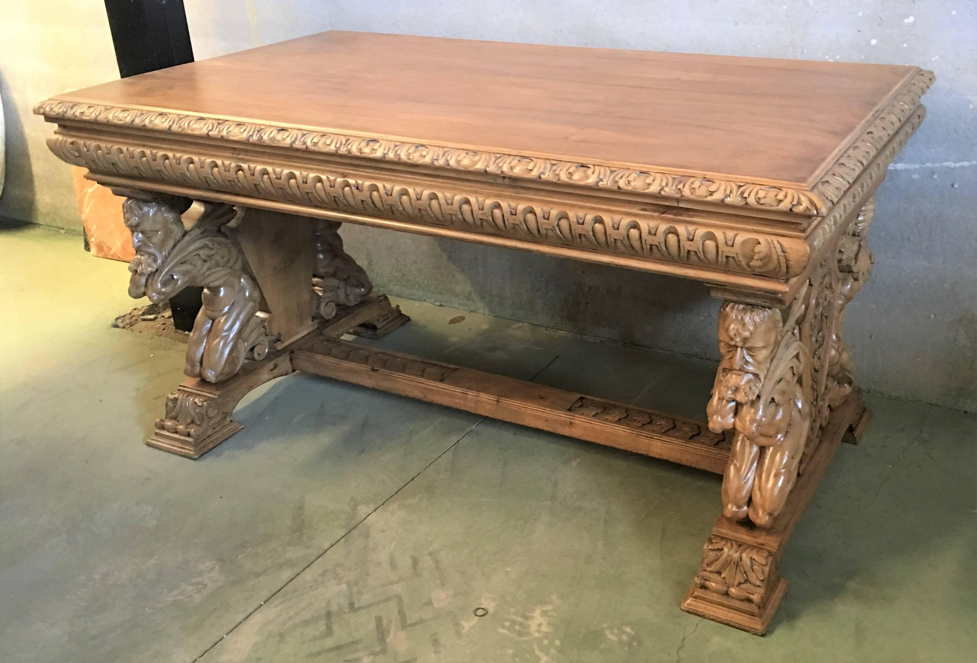 19th Spanish Carved Light and Bleached Walnut Library / Writing or Desk Table 1