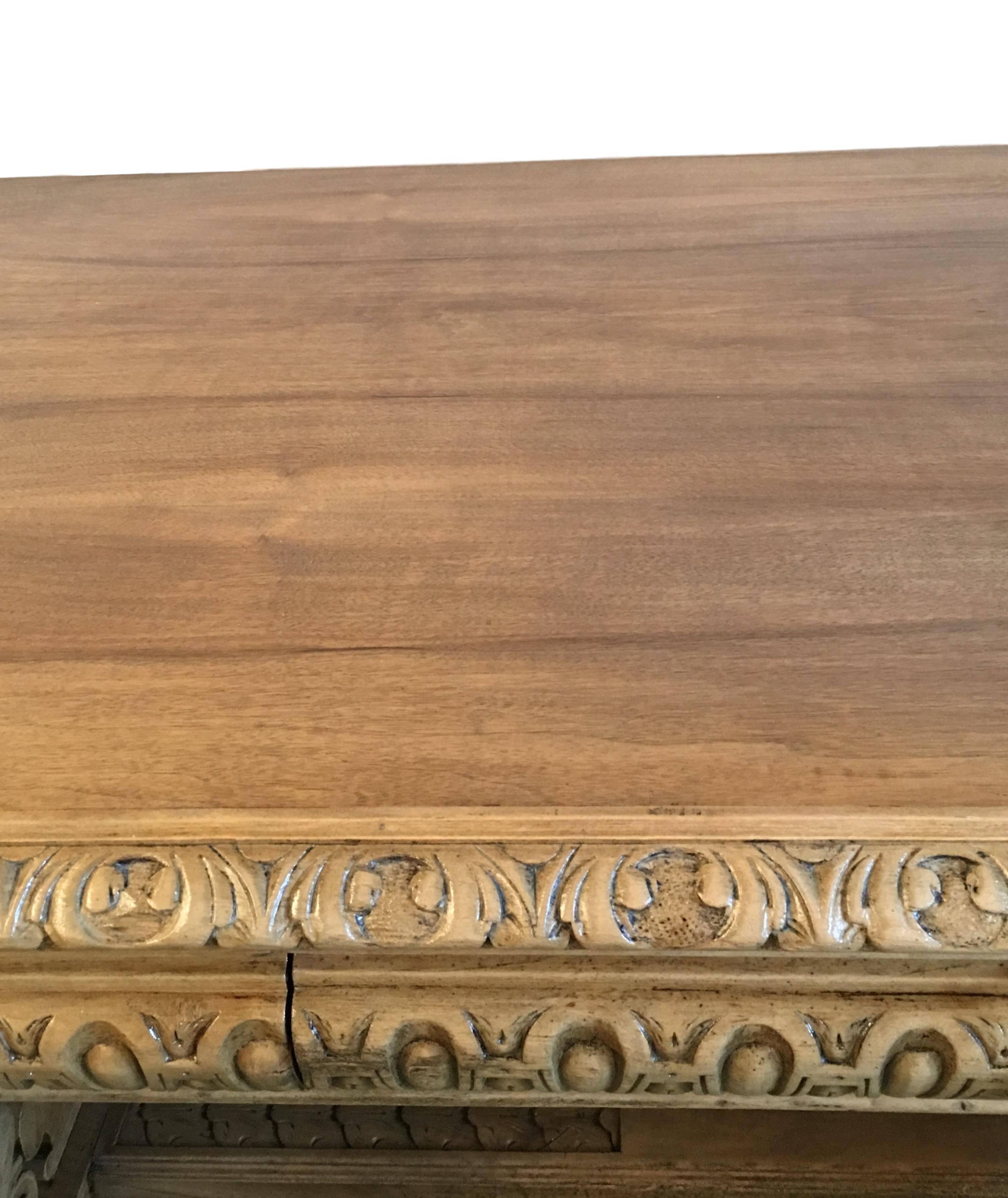 19th Spanish Carved Light and Bleached Walnut Library / Writing or Desk Table 3