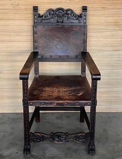 19th Spanish Carved Walnut Armchair with New Black Leather and Solomonic Columns