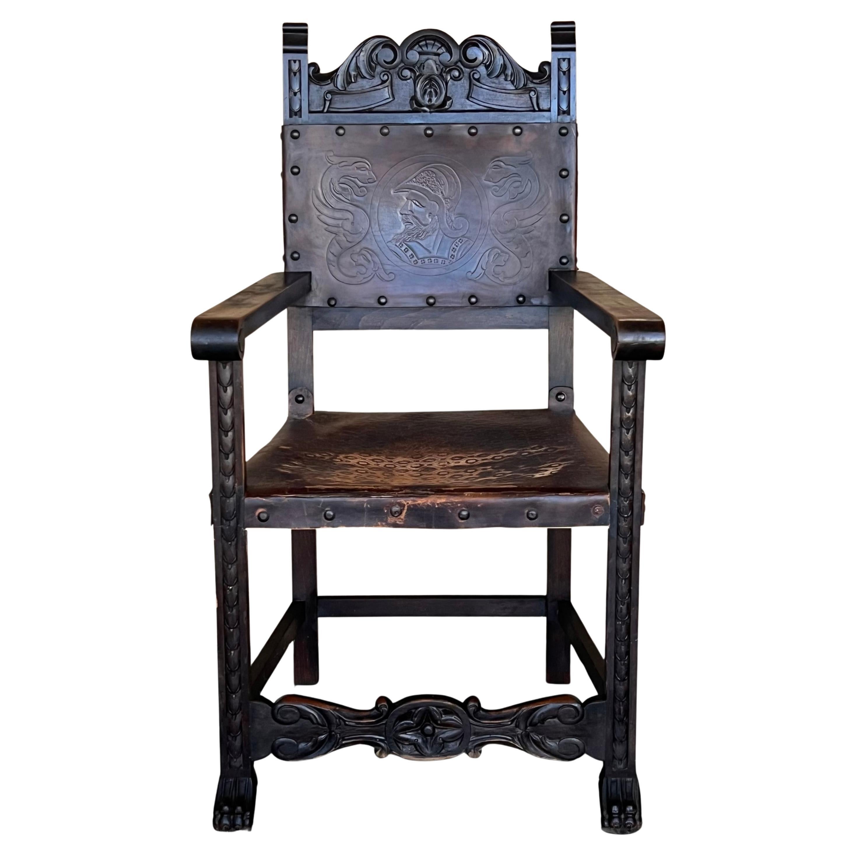 19th Spanish Carved Walnut Armchair with New Black Leather and Solomonic Columns