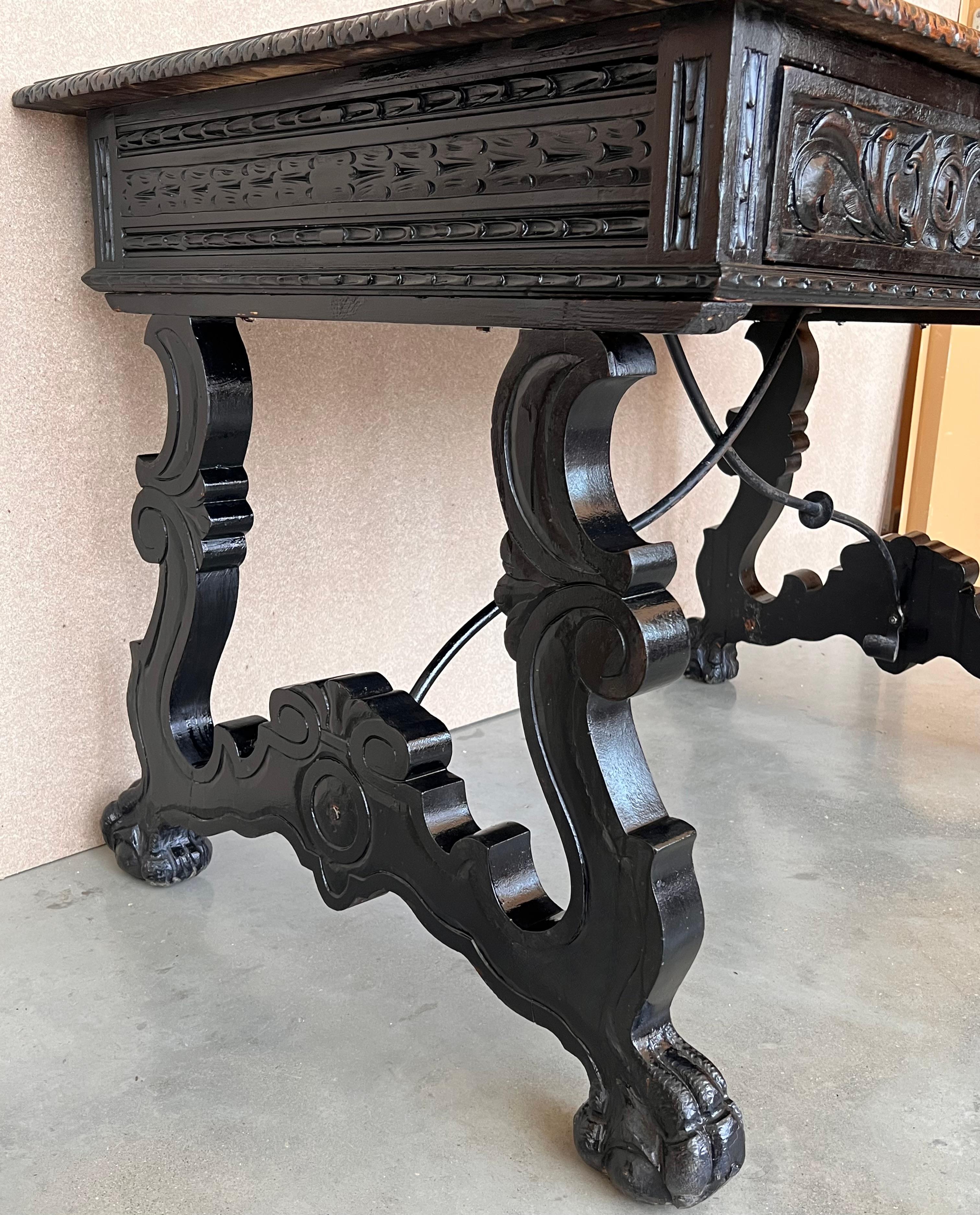 19th Spanish Carved Walnut Renaissance Library / Writing or Desk Table 8