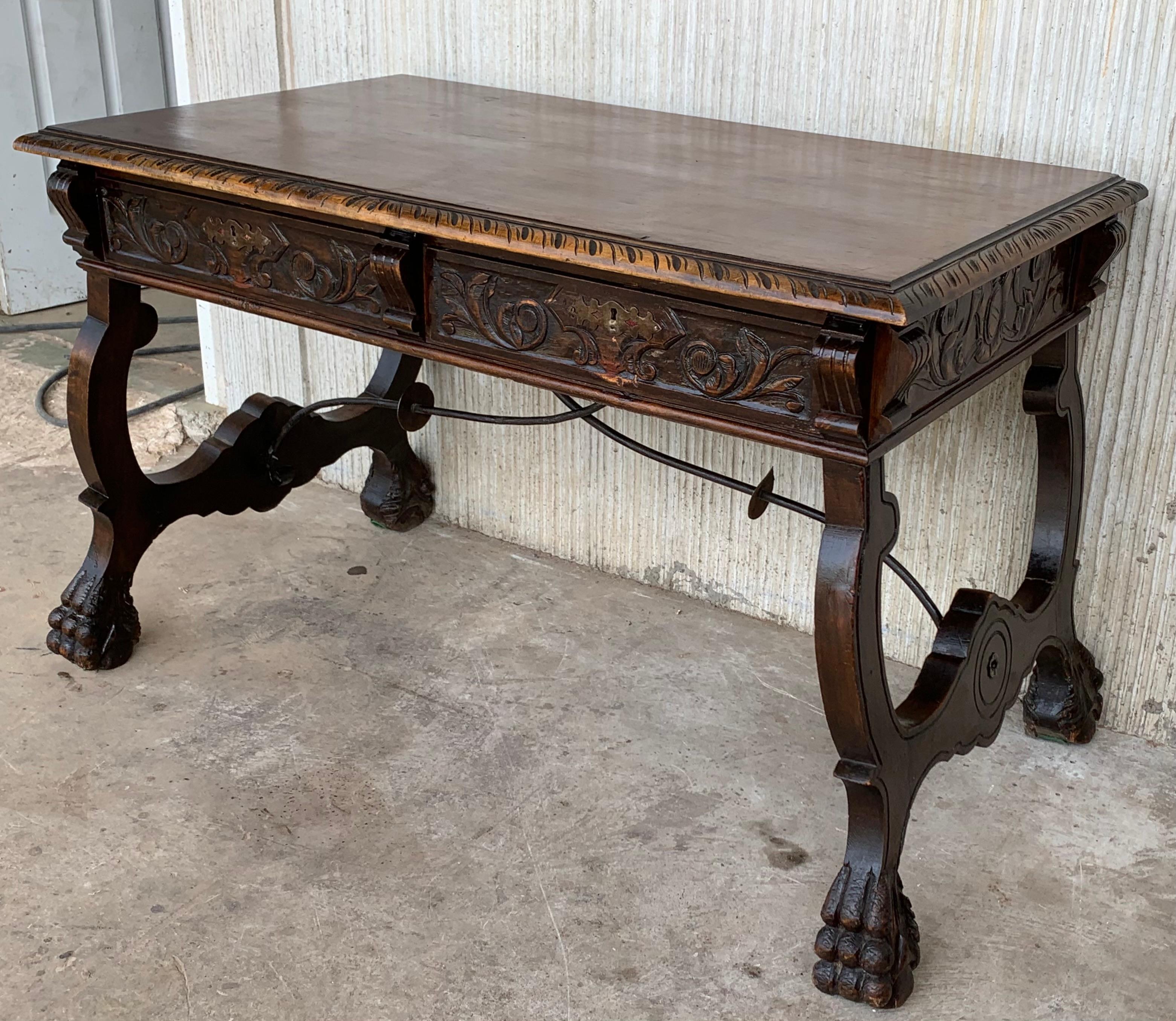 Gothic Revival 19th Spanish Carved  Walnut Renaissance Library / Writing or Desk Table