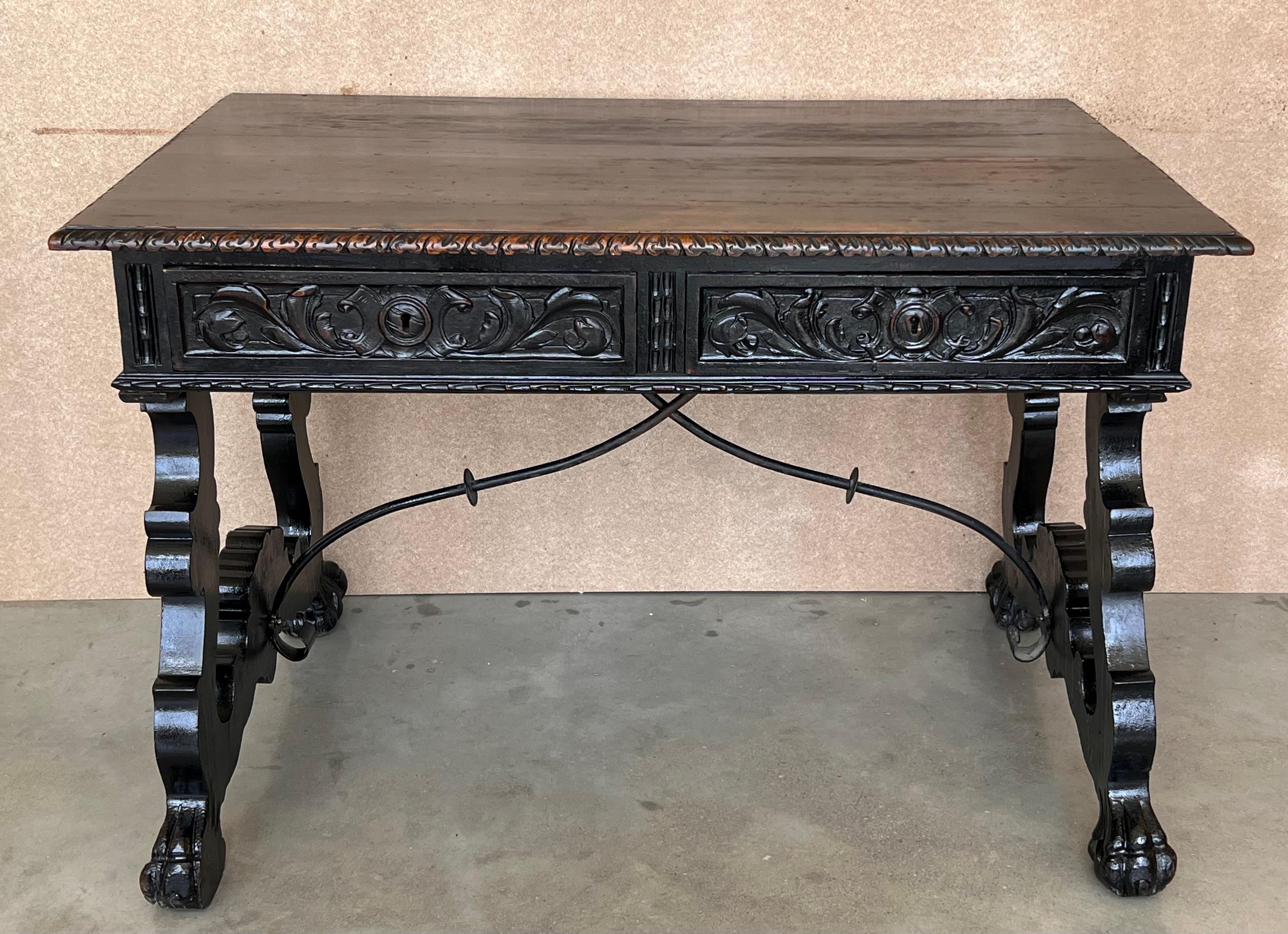 Gothic Revival 19th Spanish Carved Walnut Renaissance Library / Writing or Desk Table