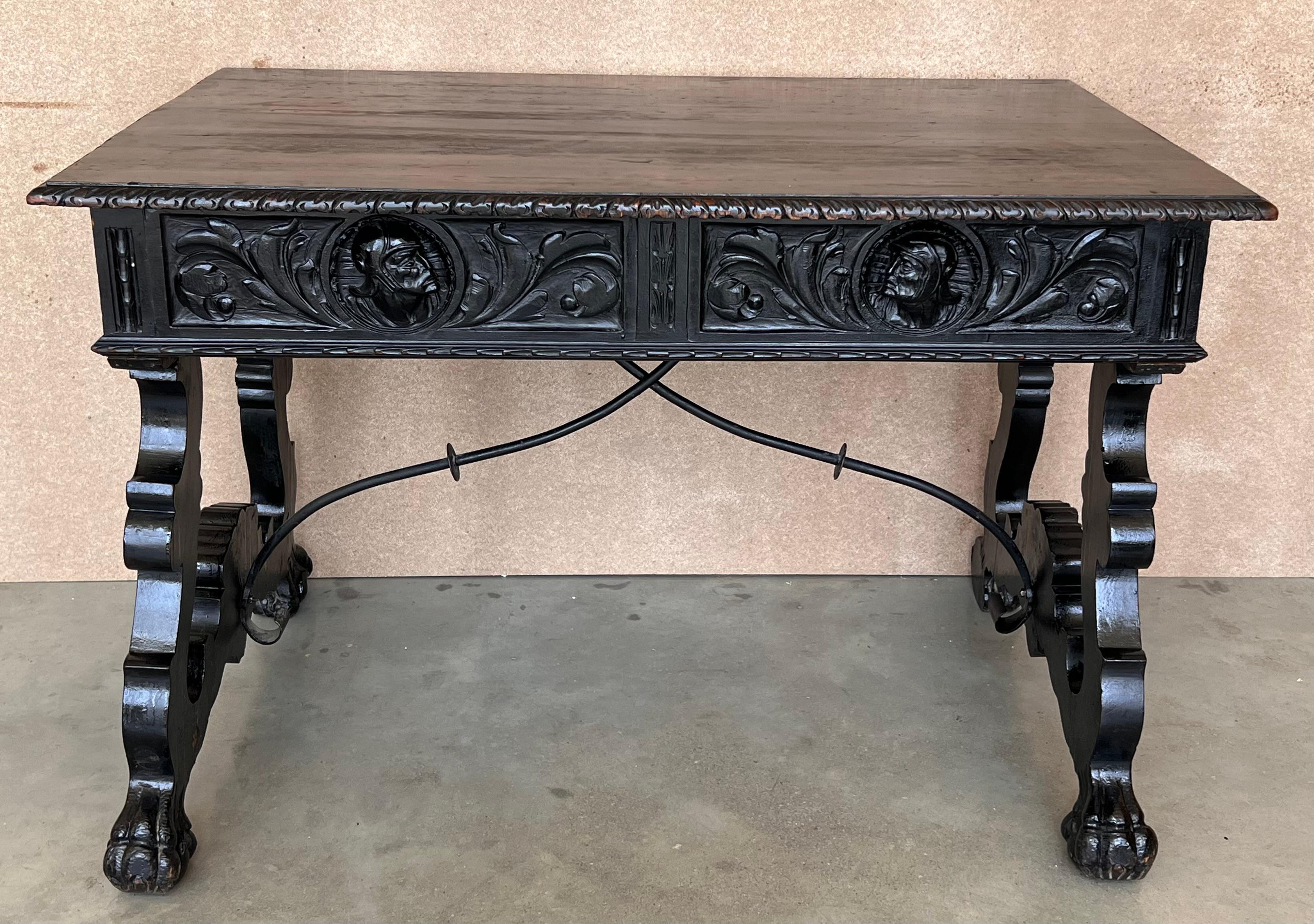 19th Spanish Carved Walnut Renaissance Library / Writing or Desk Table In Good Condition In Miami, FL