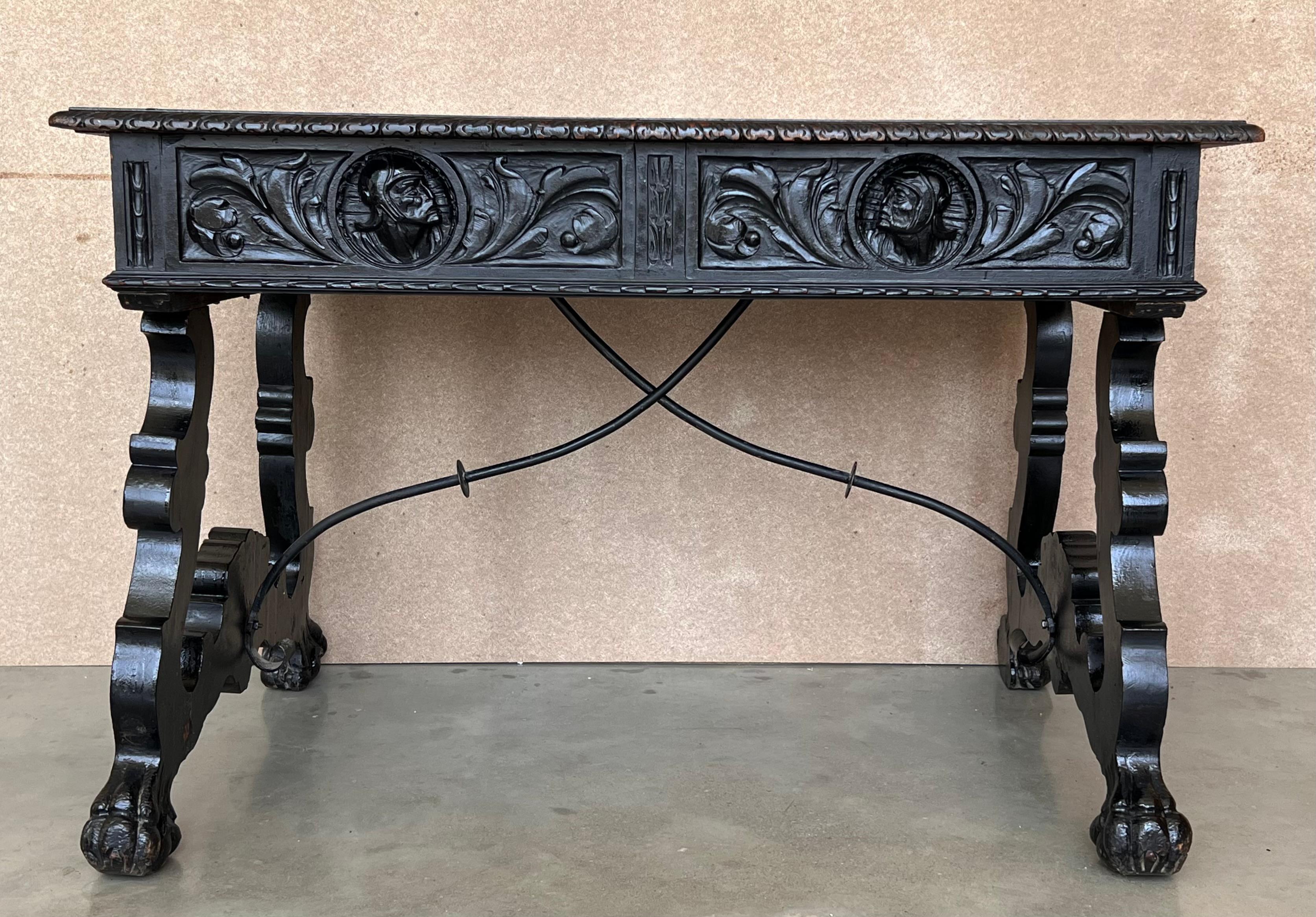 19th Century 19th Spanish Carved Walnut Renaissance Library / Writing or Desk Table