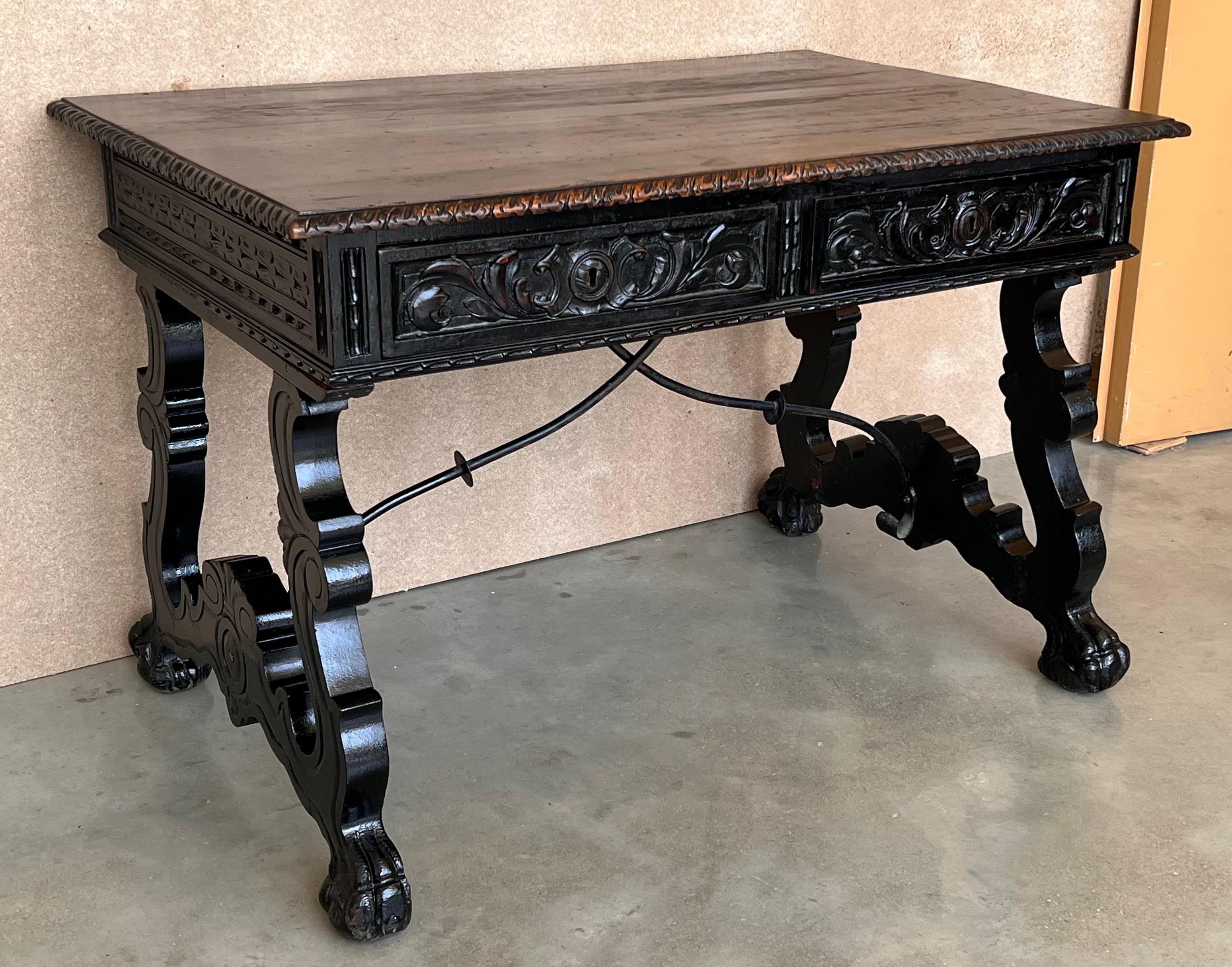 19th Spanish Carved Walnut Renaissance Library / Writing or Desk Table 1