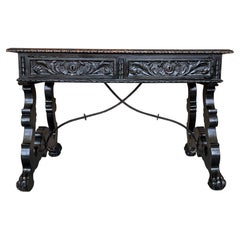 19th Spanish Carved Walnut Renaissance Library / Writing or Desk Table