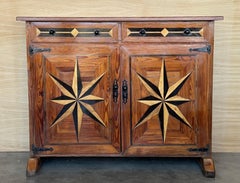 19th Spanish Carved Walnut Tuscan Two Drawers Credenza or Buffet with Marquetry