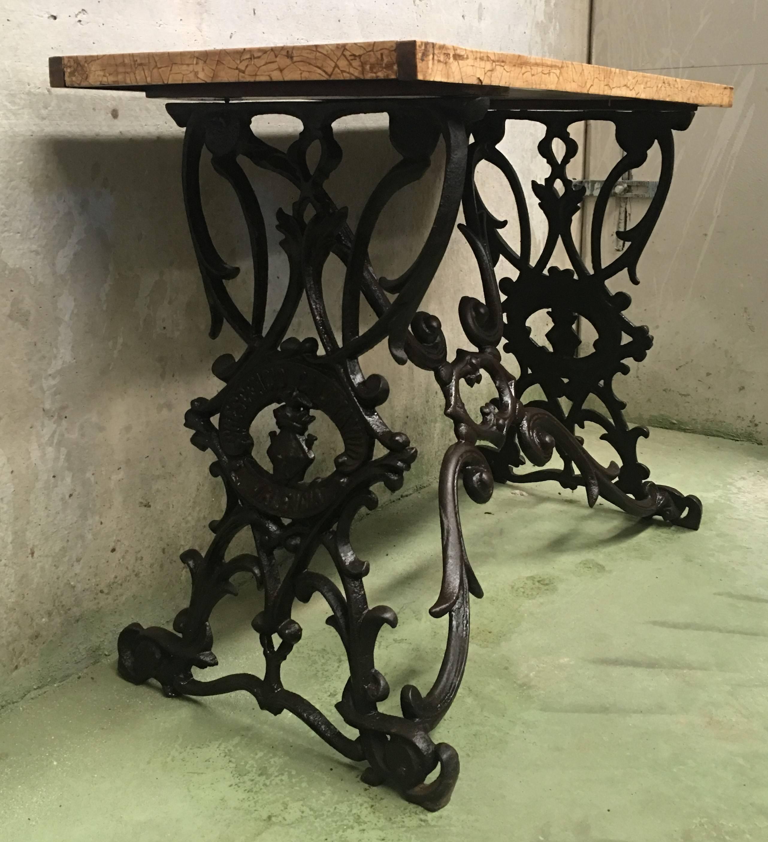 Baroque 19th Spanish Cast Iron Bistro, Garden, Coffee Table with Original Wood Top Table