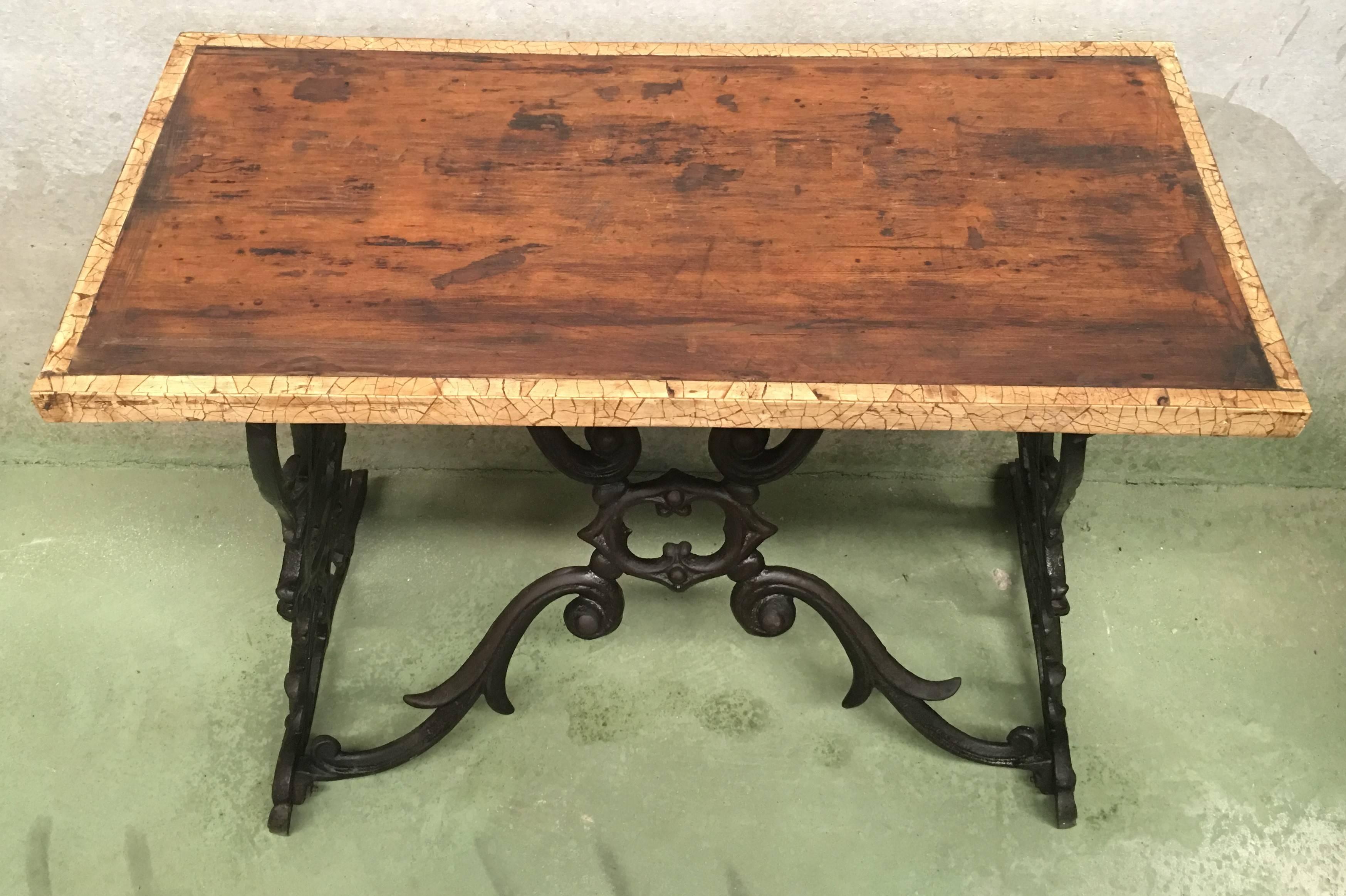 19th Spanish Cast Iron Bistro, Garden, Coffee Table with Original Wood Top Table In Excellent Condition In Miami, FL