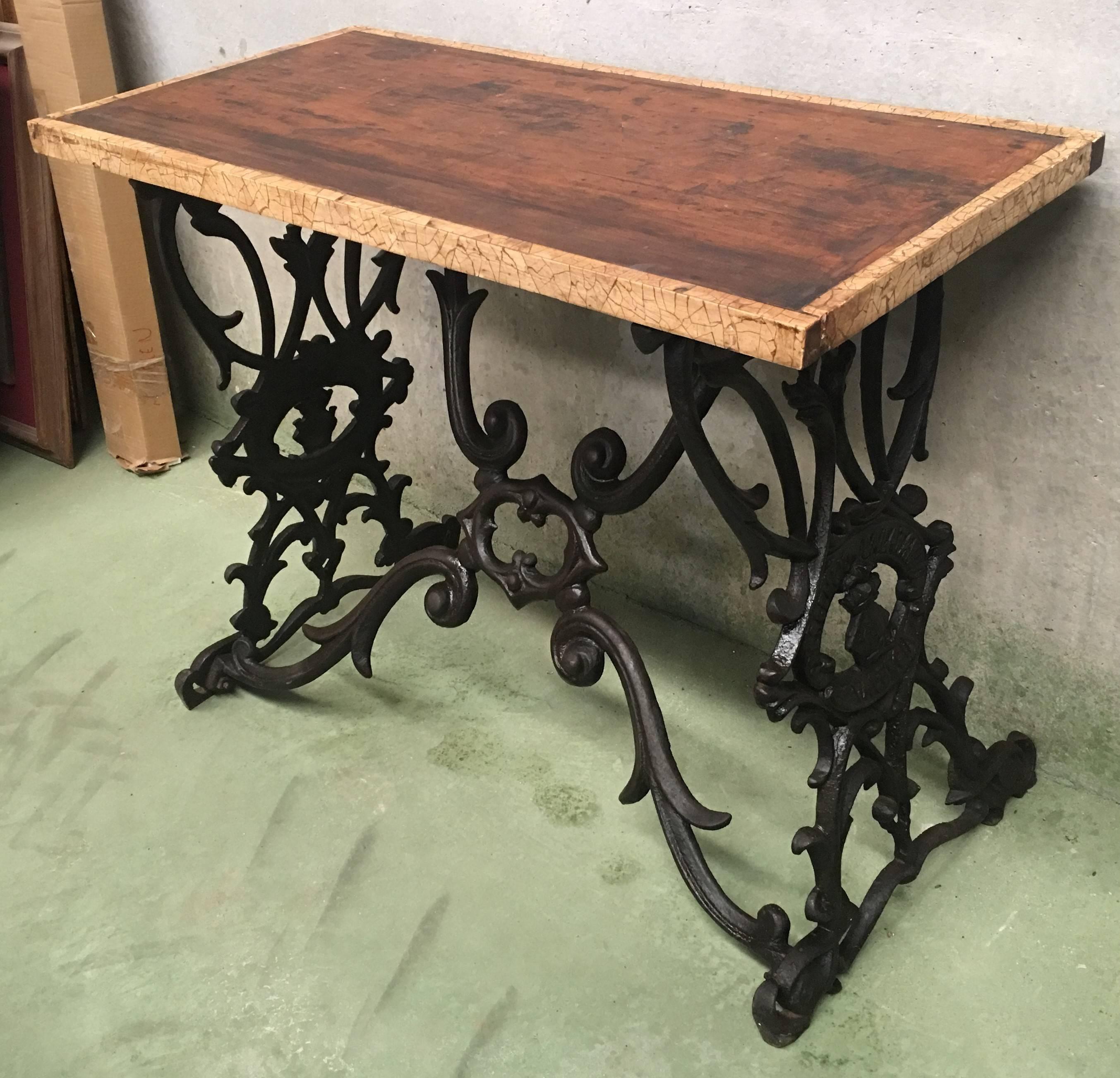 19th Century 19th Spanish Cast Iron Bistro, Garden, Coffee Table with Original Wood Top Table