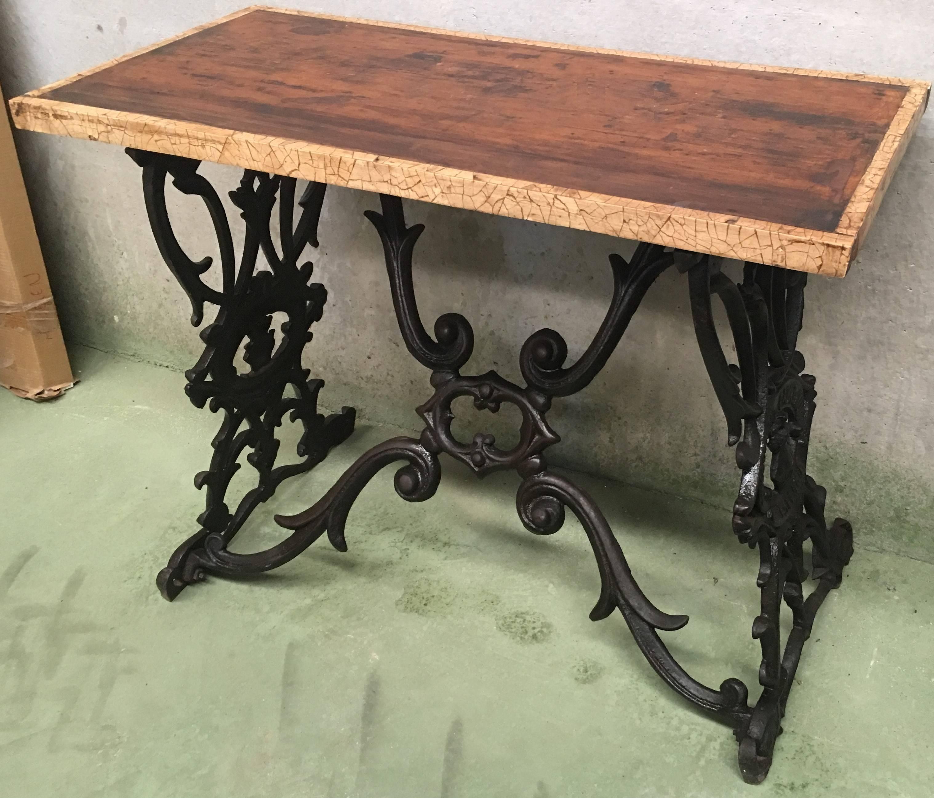 19th Spanish Cast Iron Bistro, Garden, Coffee Table with Original Wood Top Table 1