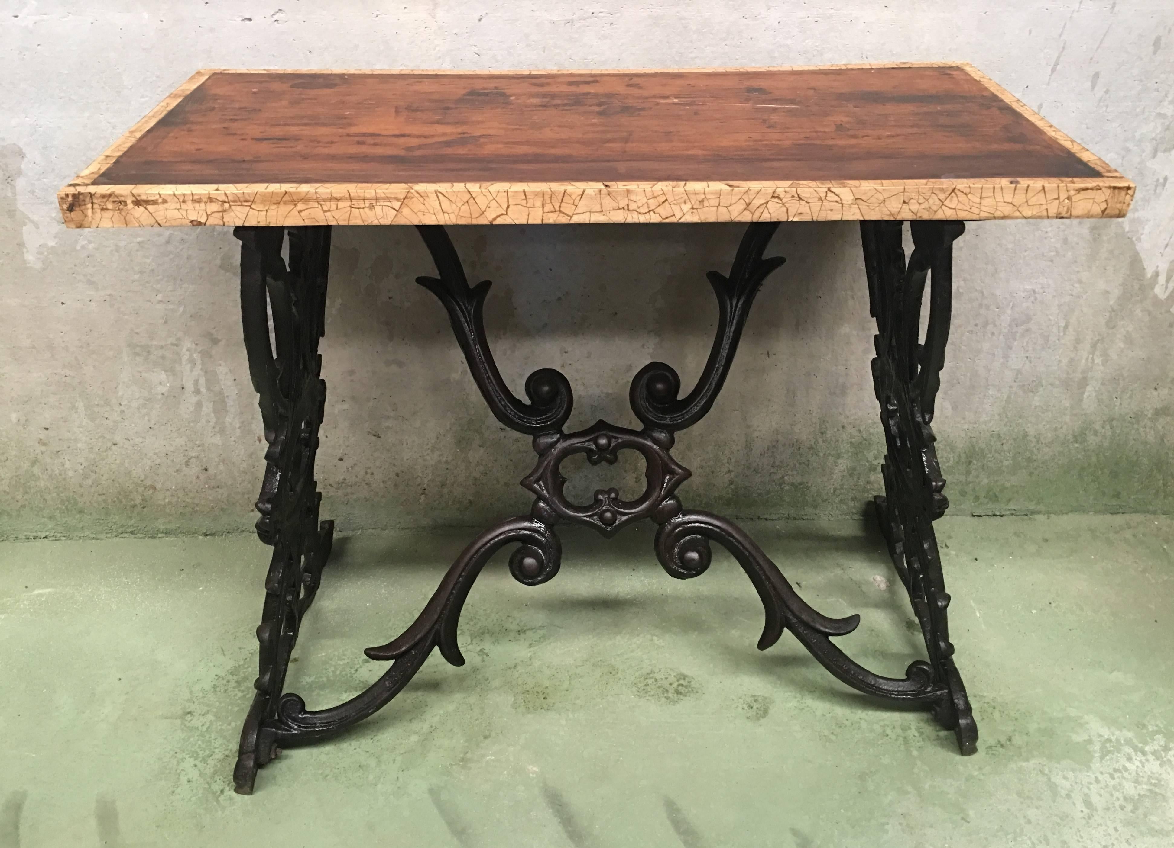 19th Spanish Cast Iron Bistro, Garden, Coffee Table with Original Wood Top Table 2