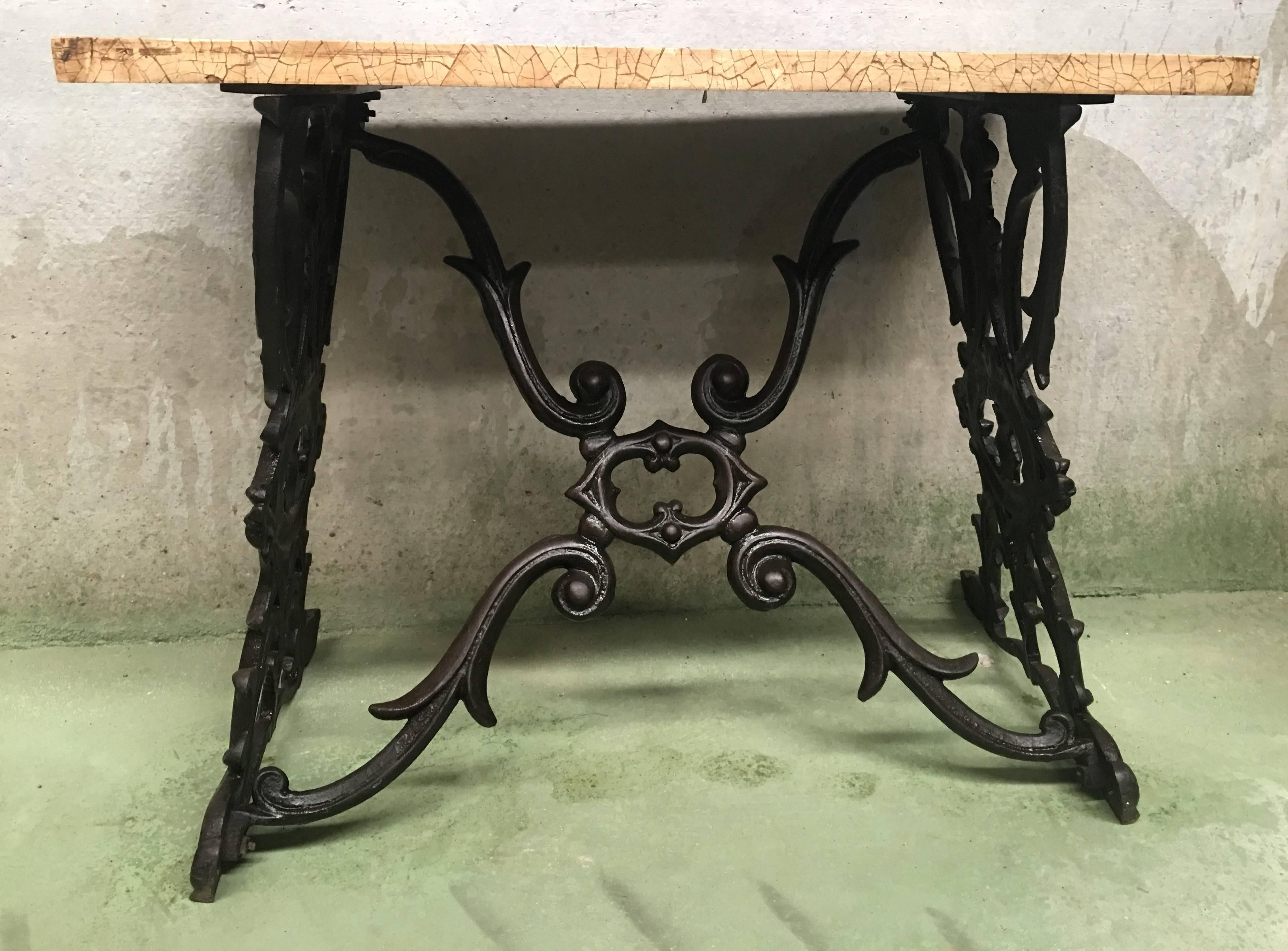 19th Spanish Cast Iron Bistro, Garden, Coffee Table with Original Wood Top Table 3