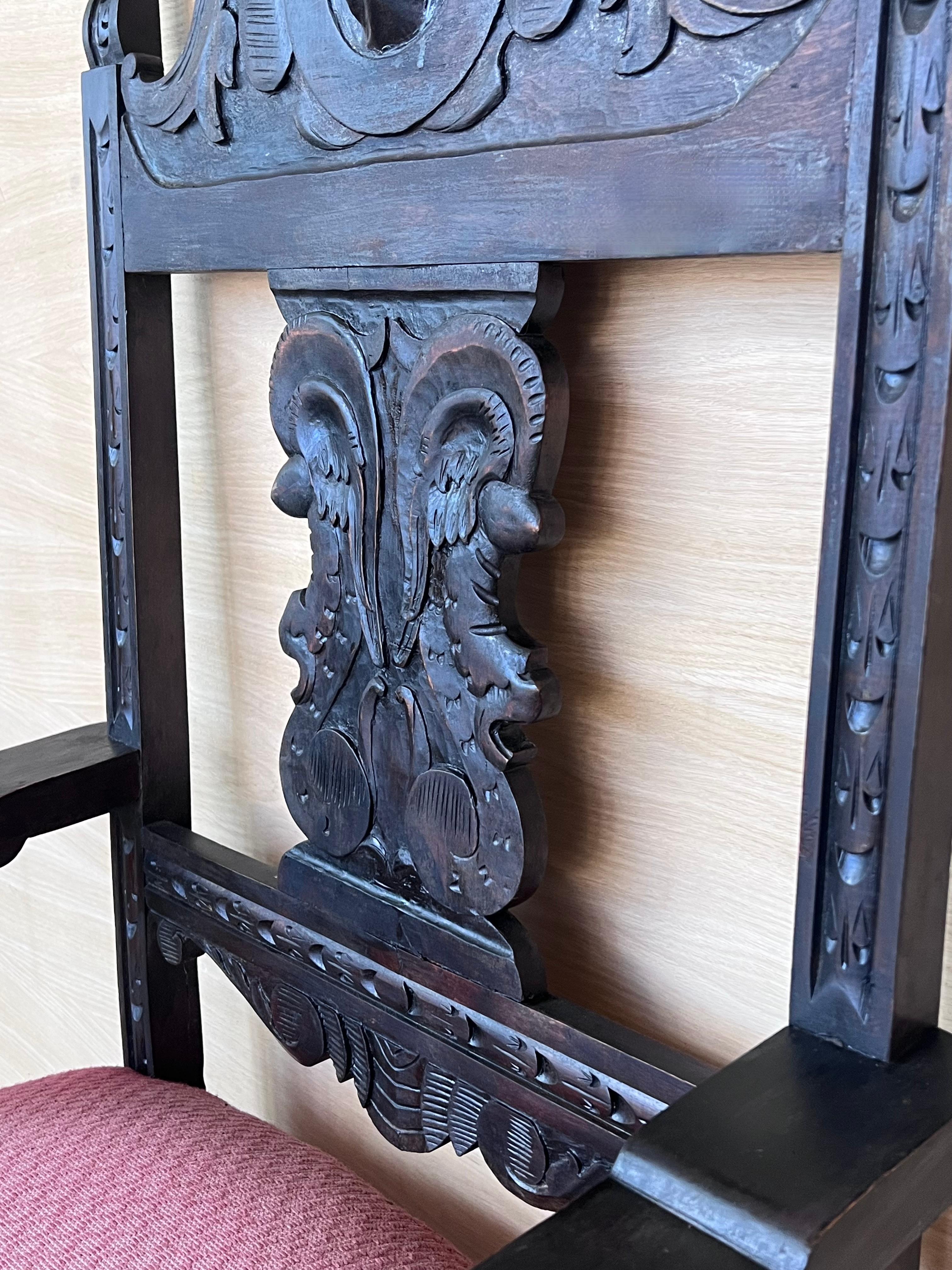 19th Spanish Colonial Altar Carved Armchair with Red Velvet Seat and Carved Back For Sale 5