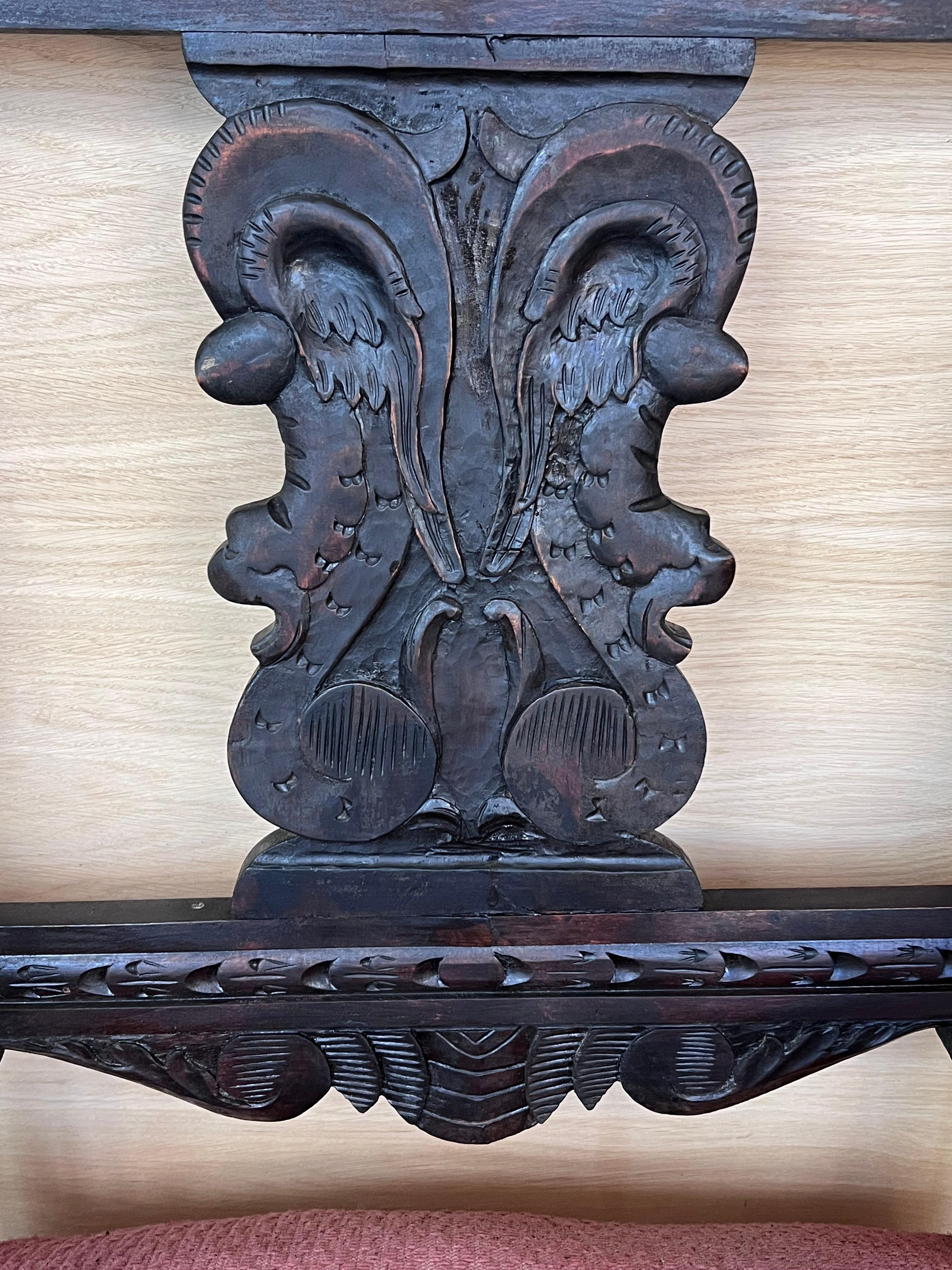 19th Spanish Colonial Altar Carved Armchair with Red Velvet Seat and Carved Back For Sale 6