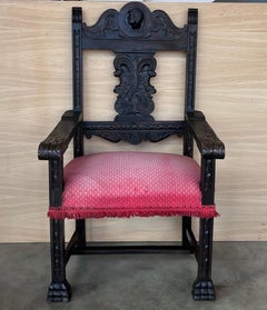 Poltrona da altare Coloni spagnola del 19° secolo con seduta in velluto rosso e schienale intagliato