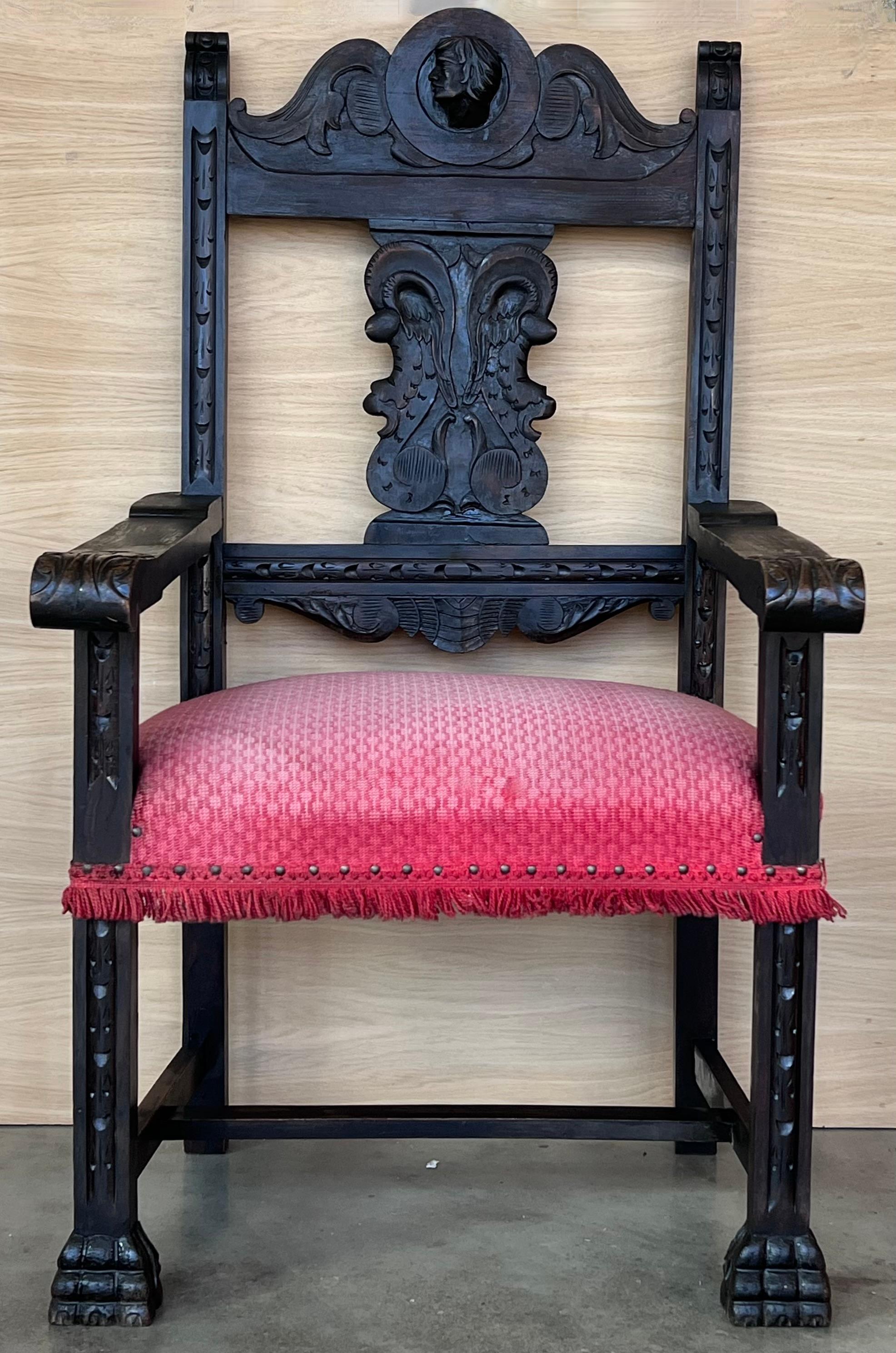 Hand-Carved 19th Spanish Colonial Altar Carved Armchair with Red Velvet Seat and Carved Back For Sale