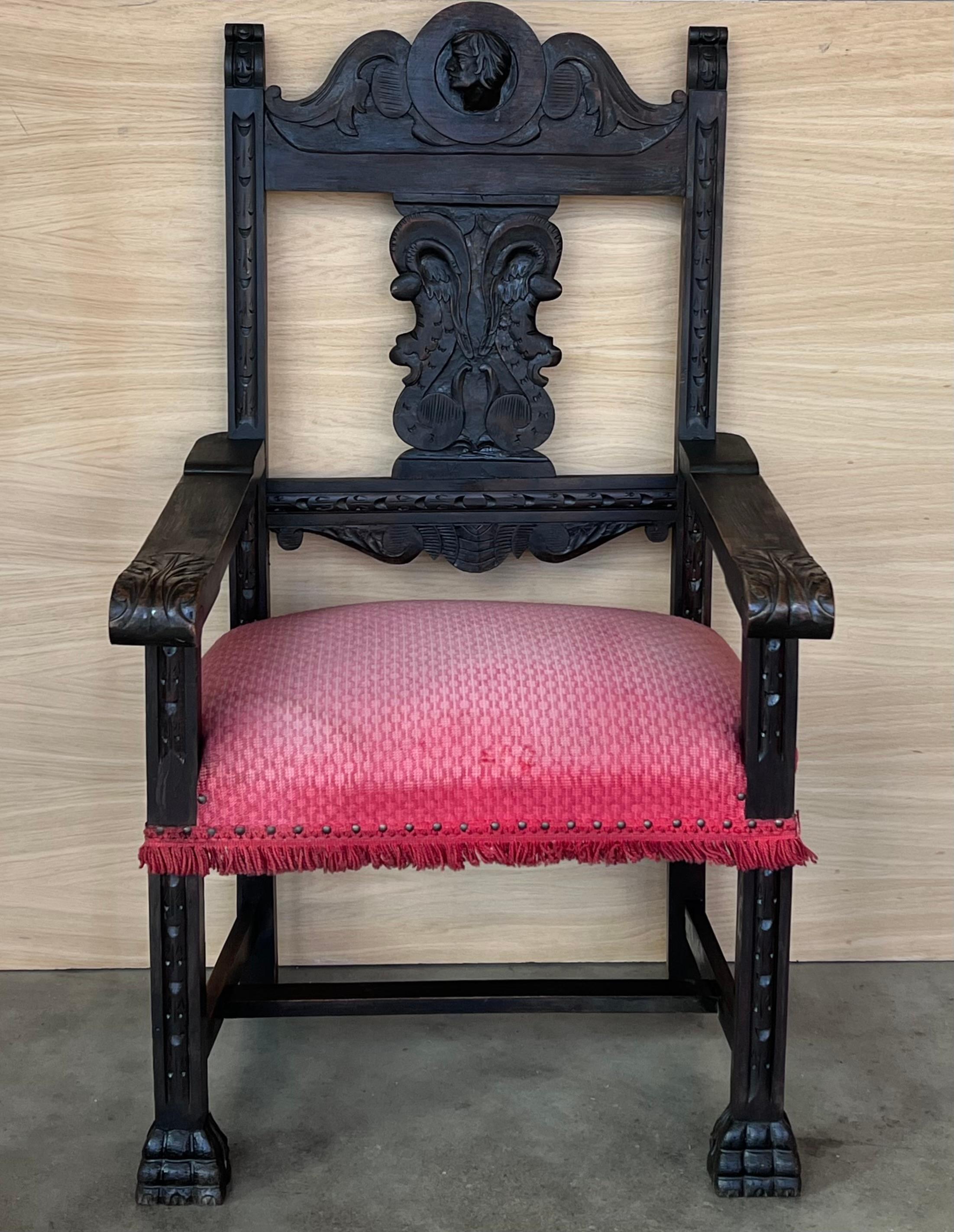 19th Spanish Colonial Altar Carved Armchair with Red Velvet Seat and Carved Back In Good Condition For Sale In Miami, FL