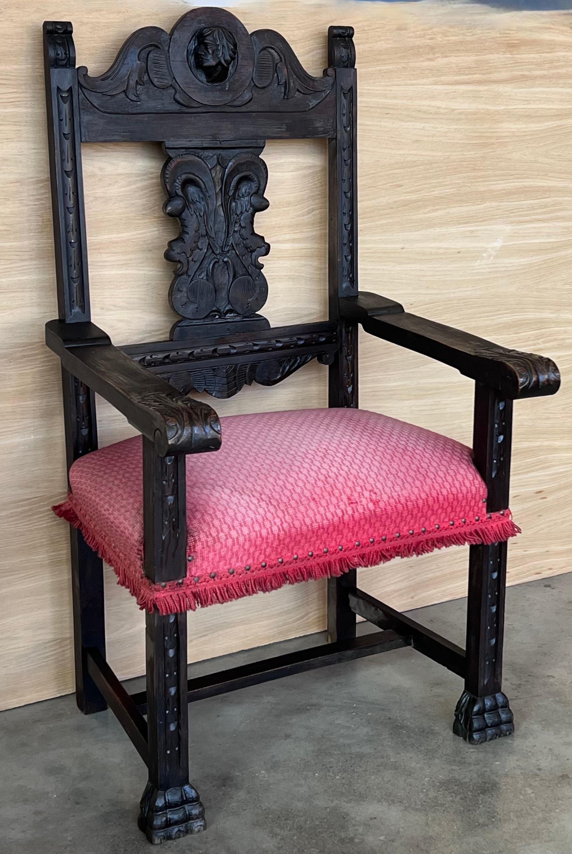 19th Century 19th Spanish Colonial Altar Carved Armchair with Red Velvet Seat and Carved Back For Sale