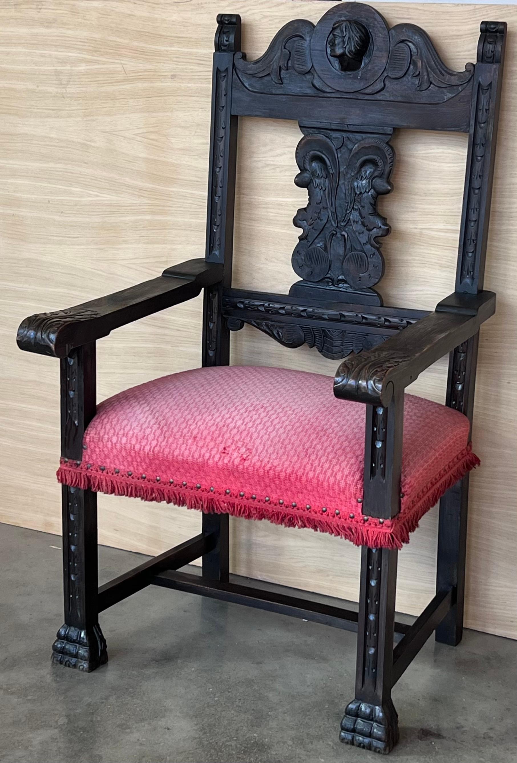 Walnut 19th Spanish Colonial Altar Carved Armchair with Red Velvet Seat and Carved Back For Sale