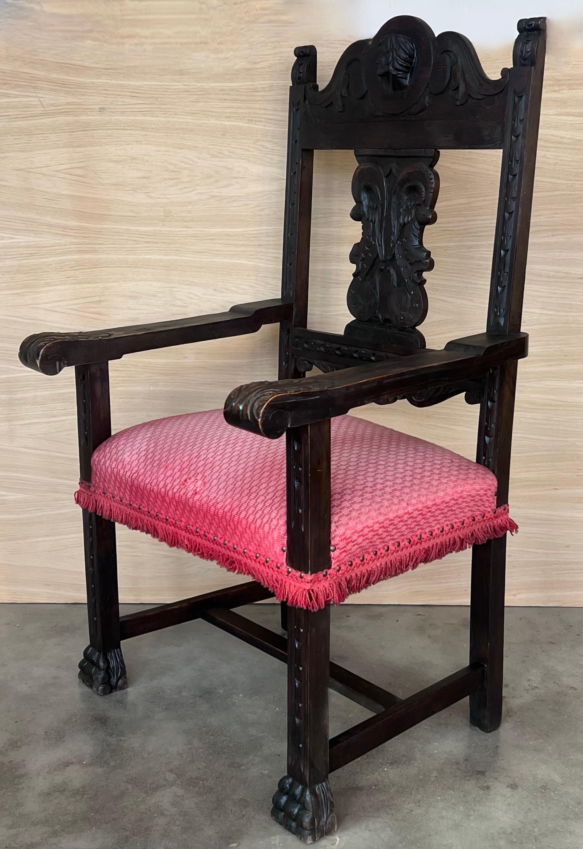19th Spanish Colonial Altar Carved Armchair with Red Velvet Seat and Carved Back For Sale 1