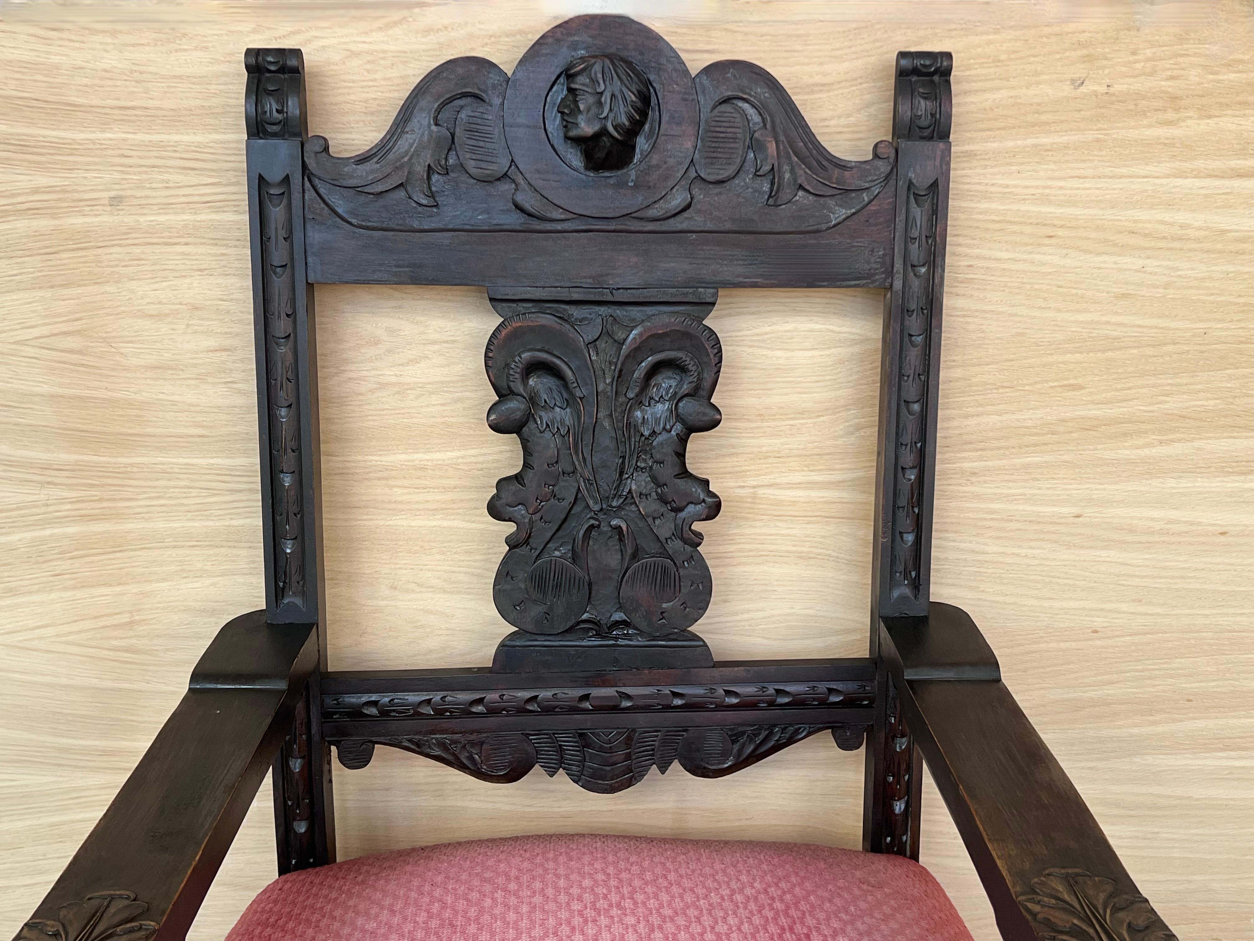 19th Spanish Colonial Altar Carved Armchair with Red Velvet Seat and Carved Back For Sale 2